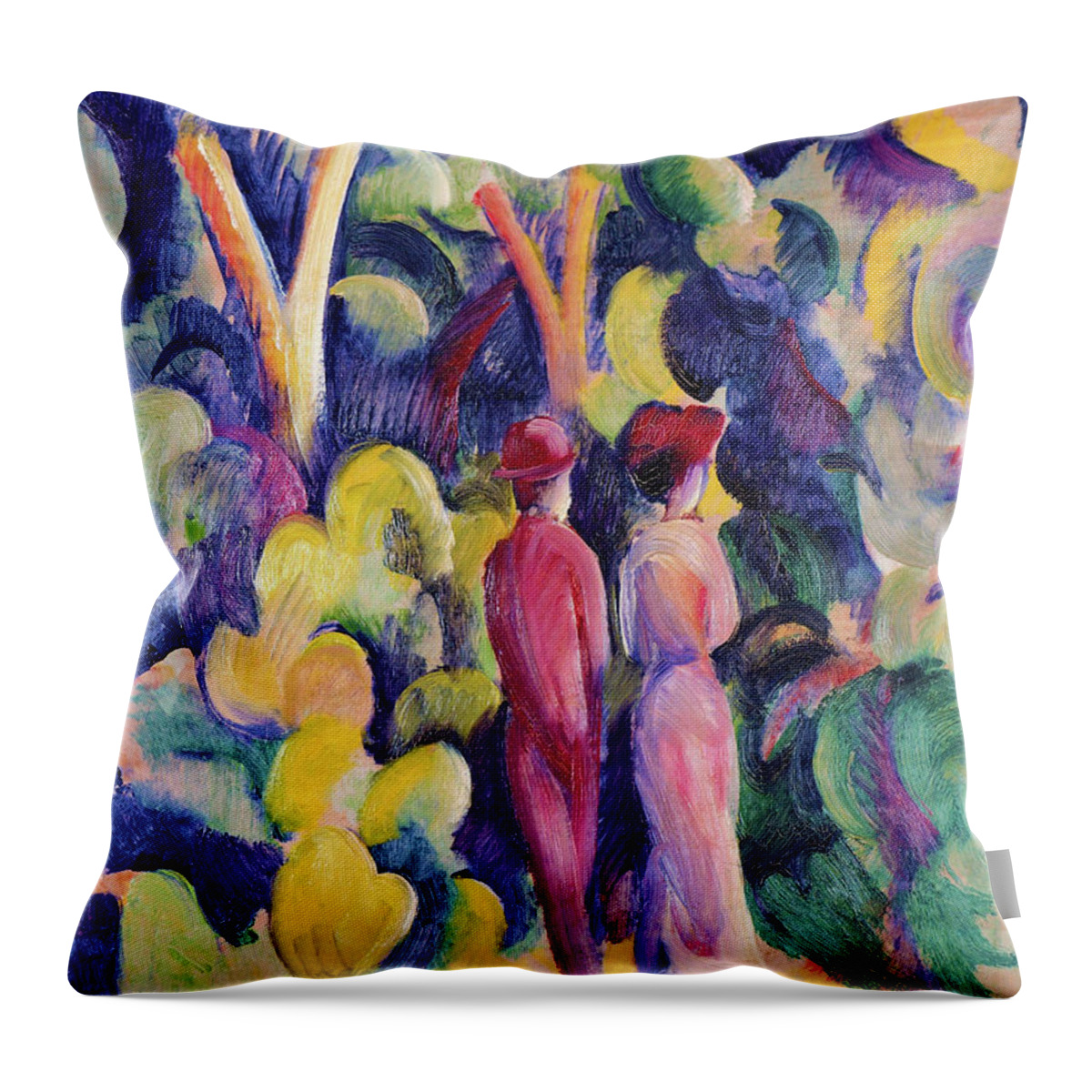 Couple On The Forest Track Throw Pillow featuring the painting Couple on the Forest Track - Digital Remastered Edition by August Macke