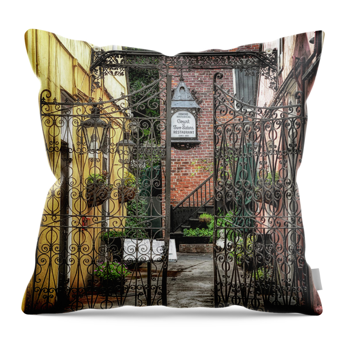 Architecture Throw Pillow featuring the photograph Court of the Two Sisters Courtyard Gate by Susan Rissi Tregoning