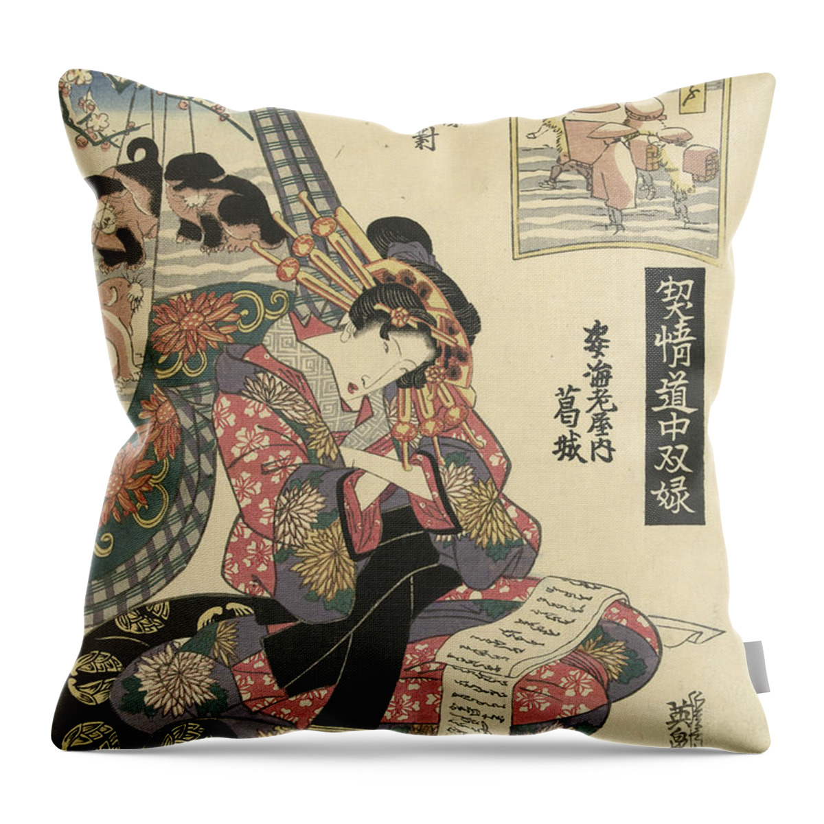 19th Century Art Throw Pillow featuring the relief Courtesan Katsuragi from the Sugata Ebiya House by Keisai Eisen