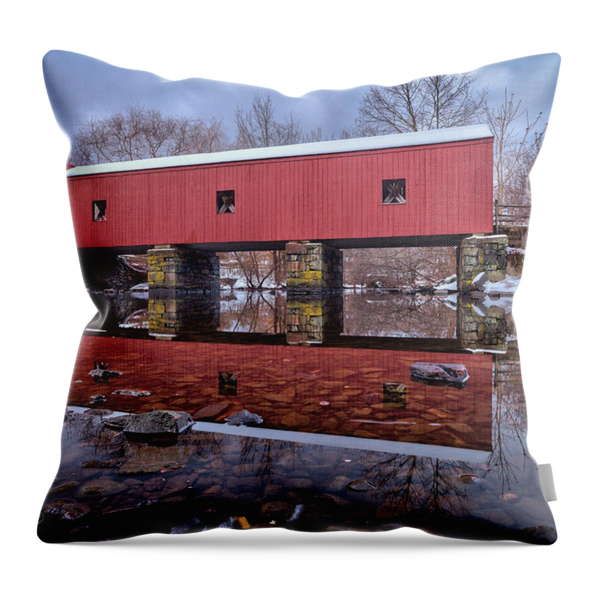 Tranquility Throw Pillow featuring the photograph Covered Bridge During The Winter by Enzo Figueres