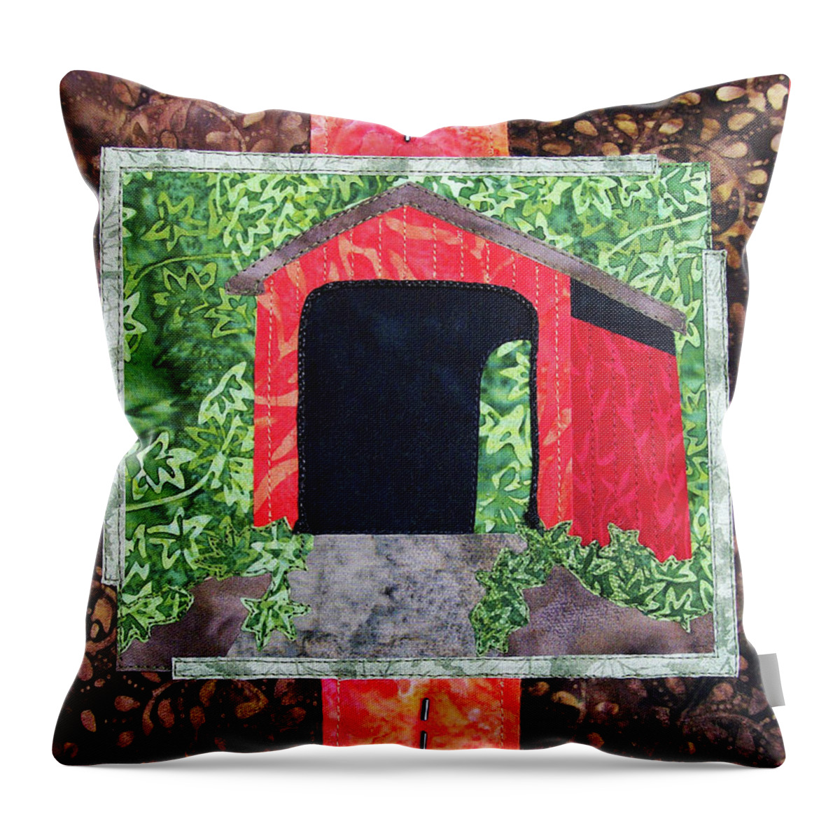 Art Quilt Throw Pillow featuring the tapestry - textile Covered Bridge by Pam Geisel