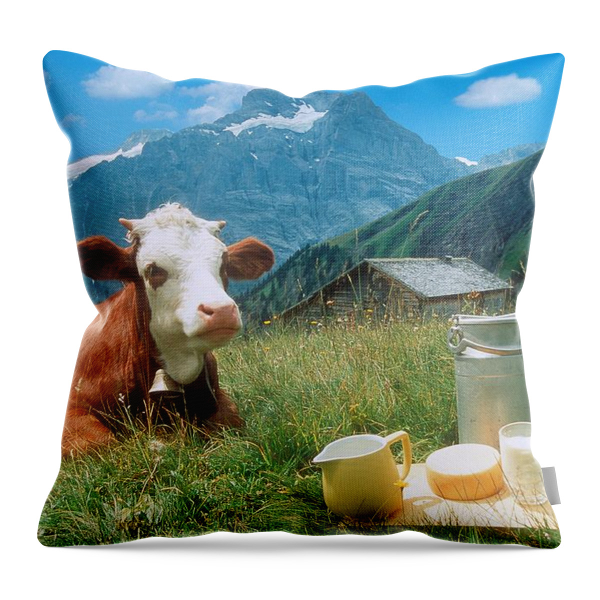 Estock Throw Pillow featuring the digital art Cow With Dairy Products by Cornelia Dorr