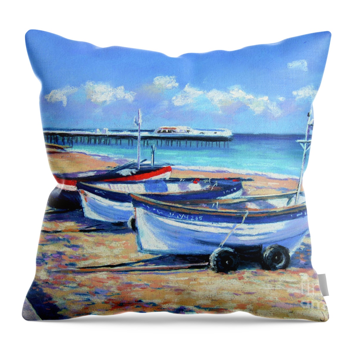 Cromer Throw Pillow featuring the painting Crab Boats on Cromer Beach by John Clark