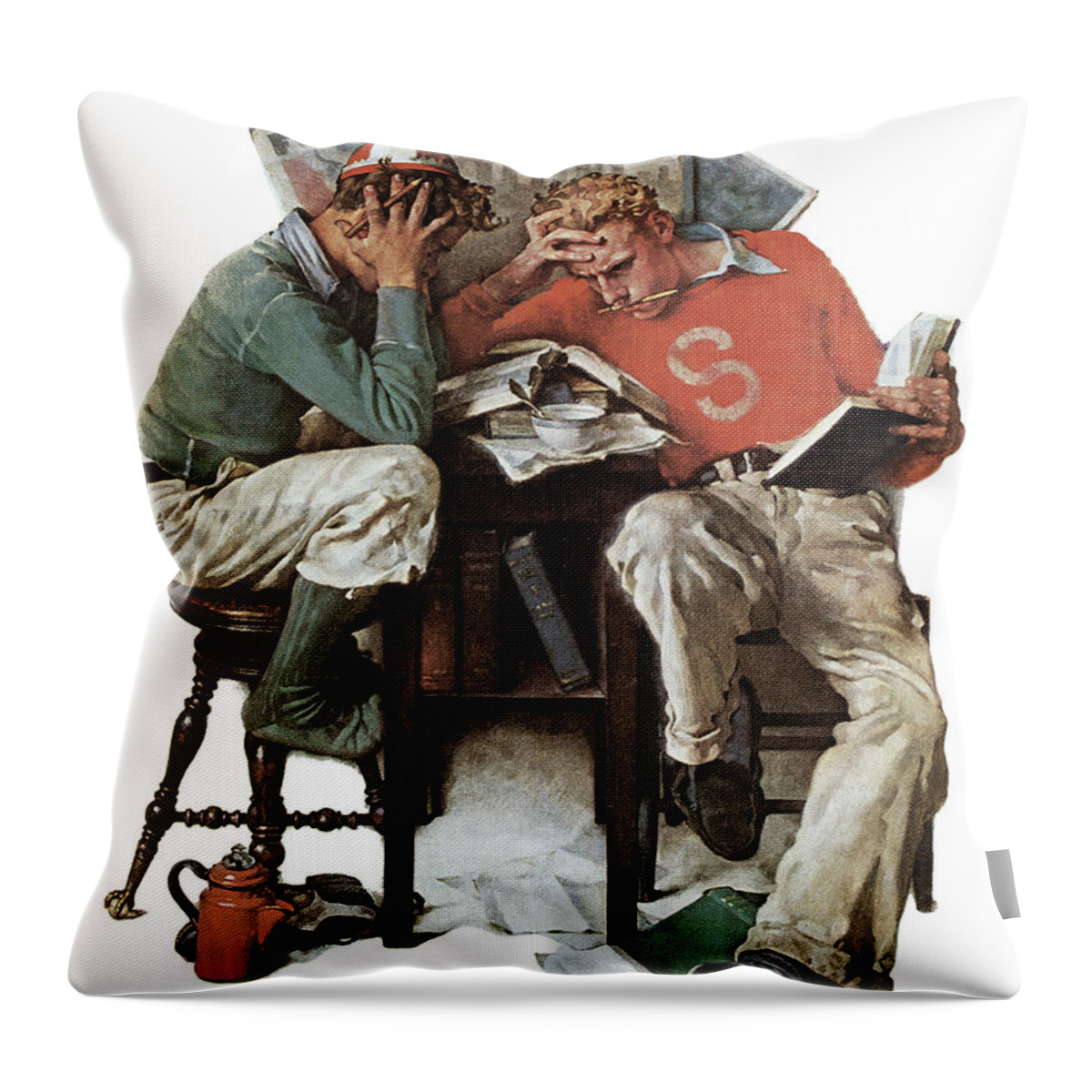 Books Throw Pillow featuring the painting cramming by Norman Rockwell