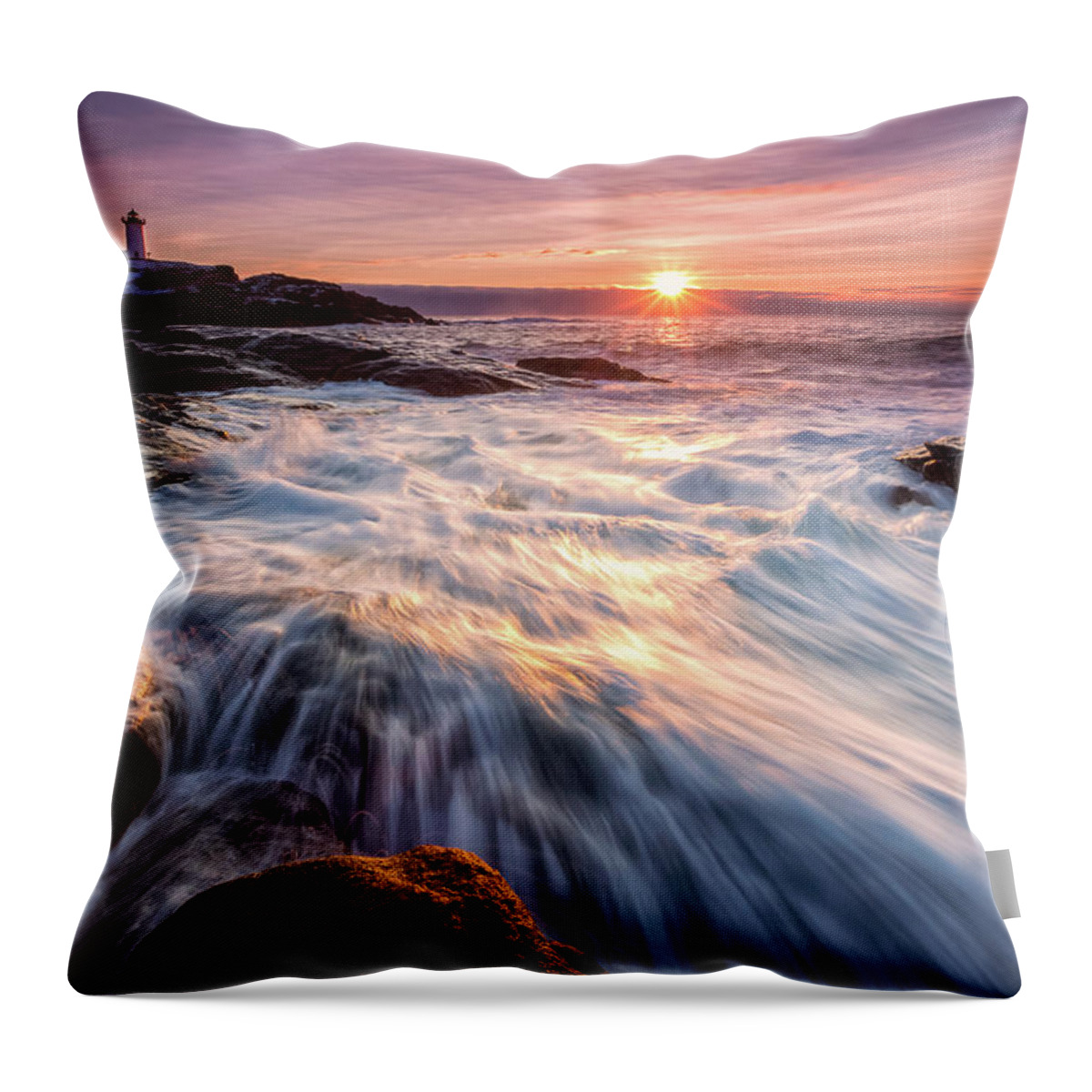 Amazing New England Throw Pillow featuring the photograph Crashing Waves at Sunrise, Nubble Light. by Jeff Sinon