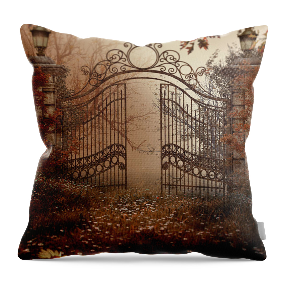 Creepy Throw Pillow featuring the photograph Creepy Old Gates Set In Overgrown Estate by Ethiriel Photography
