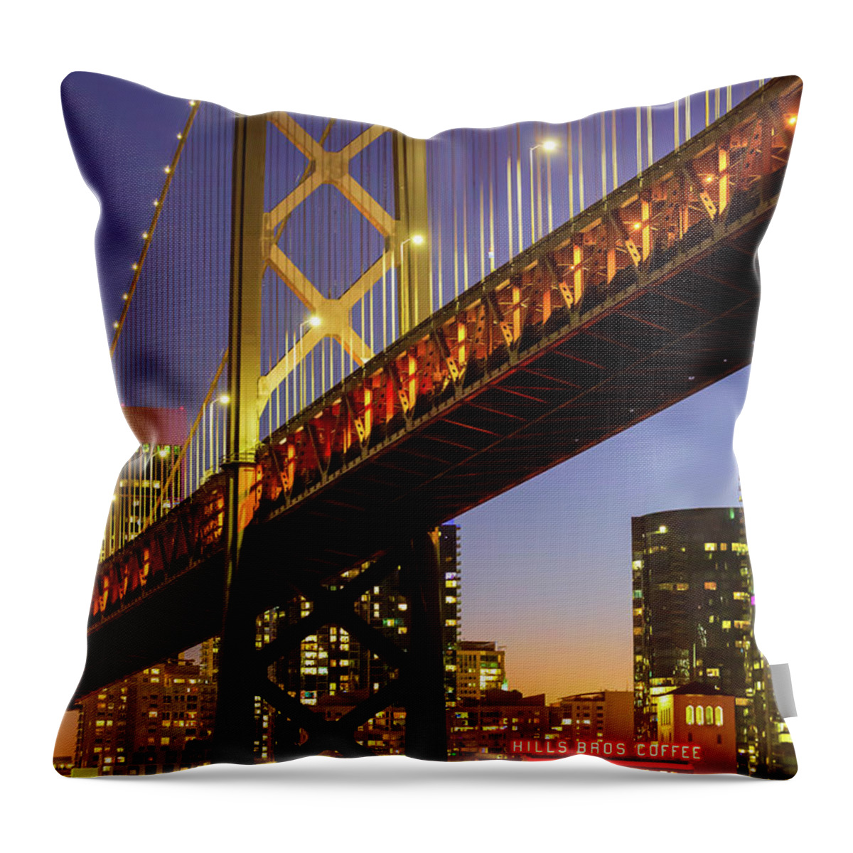Sfo Throw Pillow featuring the photograph Crescent Moon And Coffee Under The Oakland Bay Bridge by Doug Sturgess