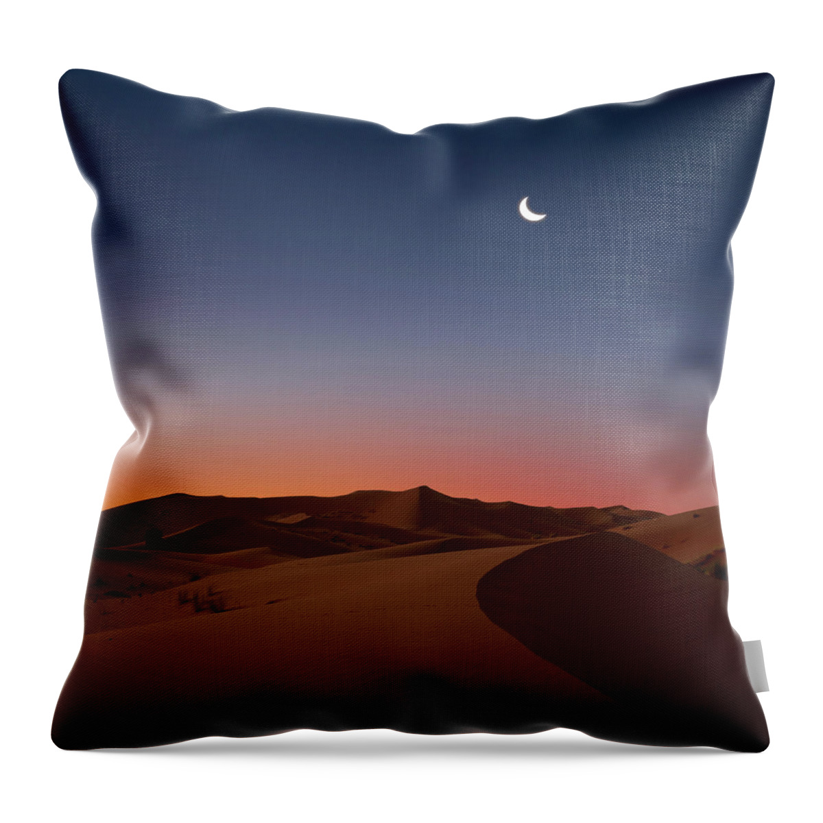 Tranquility Throw Pillow featuring the photograph Crescent Moon Over Dunes by Photo By John Quintero