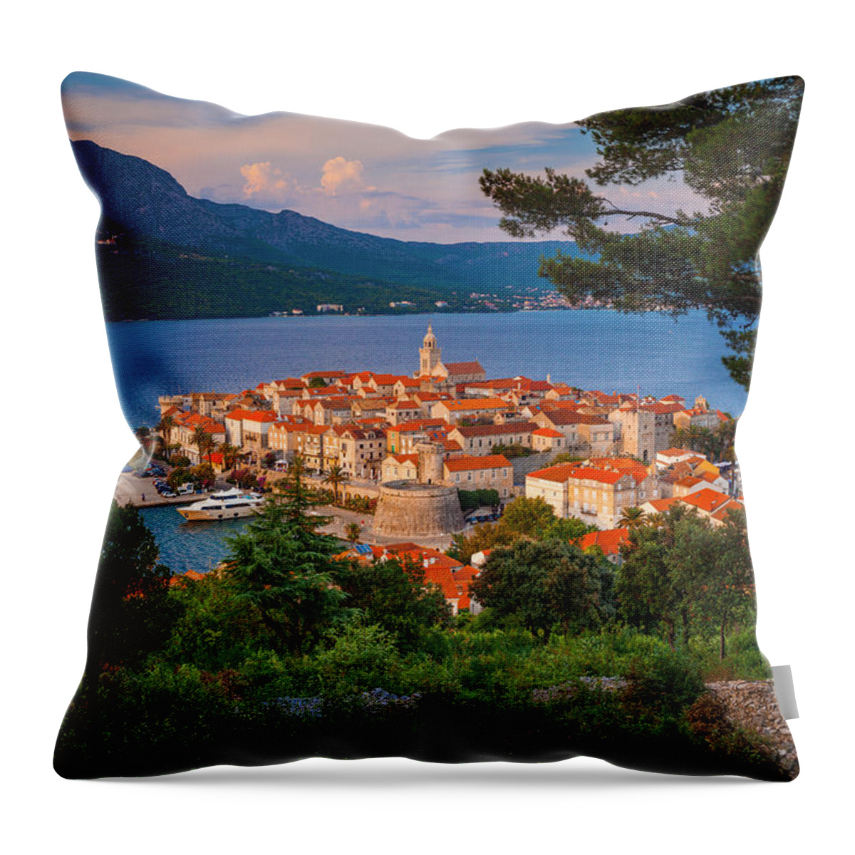 Estock Throw Pillow featuring the digital art Croatia, Dalmatia, Korcula Island, Adriatic Coast, Mediterranean Sea. Adriatic Sea, Korcula, Panorama Of The City In Evening Light by Olimpio Fantuz