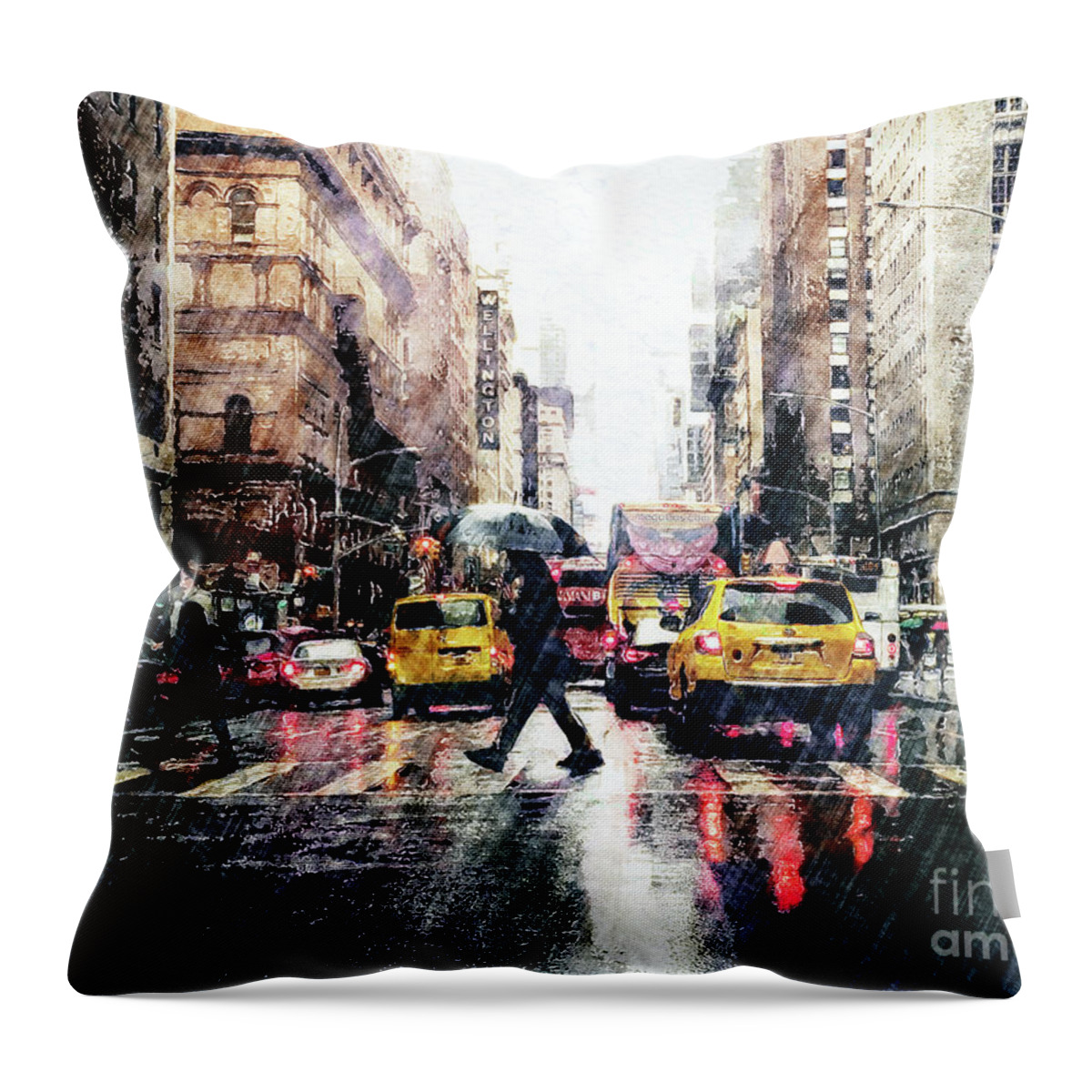 Urban Throw Pillow featuring the digital art Crossing Street With Umbrella by Phil Perkins