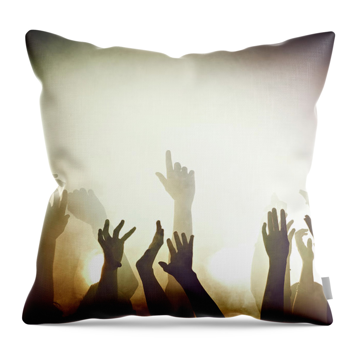 Young Men Throw Pillow featuring the photograph Crowd Of People At Concert Waving Arms by Flashpop