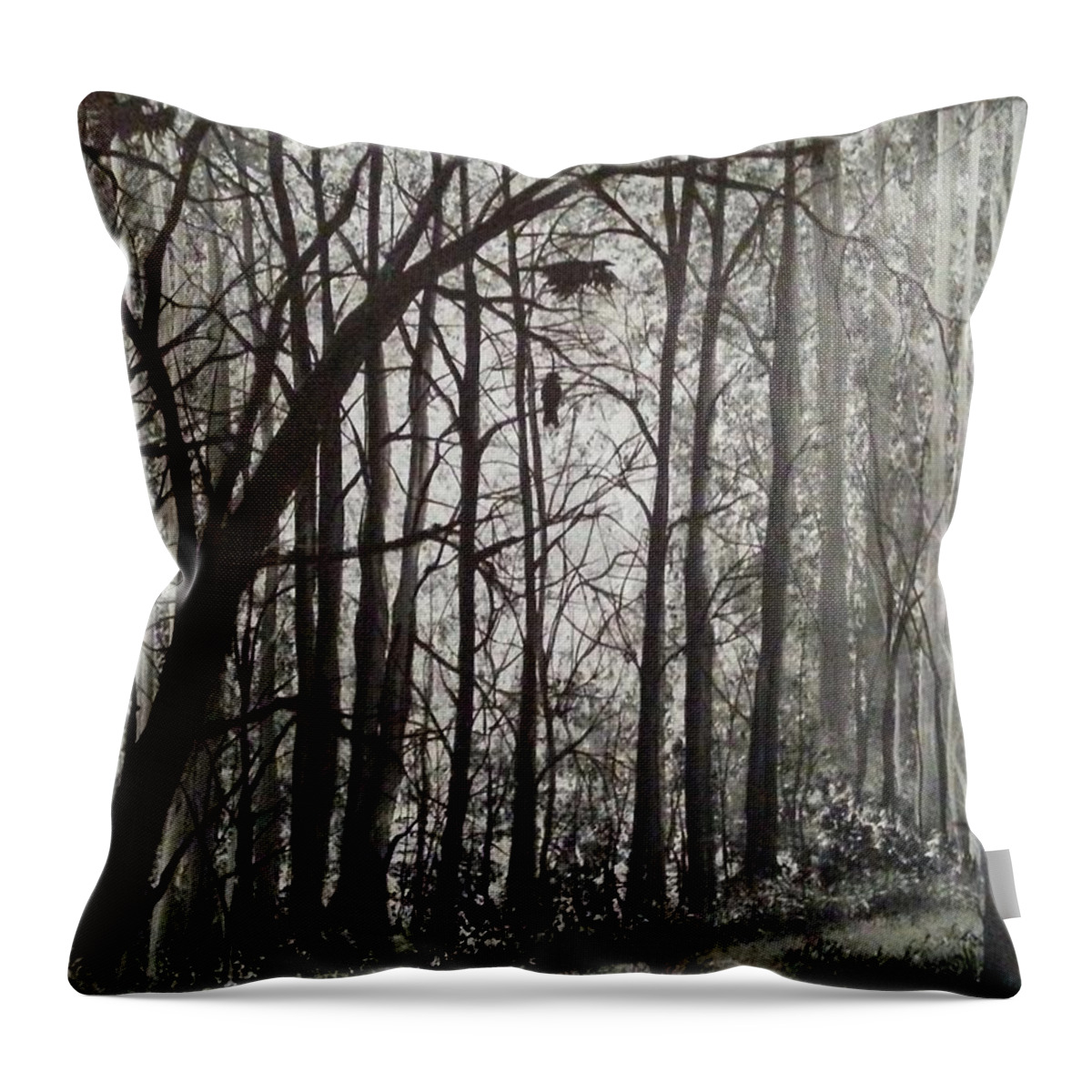 Crows Black White Trees Forest Throw Pillow featuring the painting Crows by Mindy Gibbs