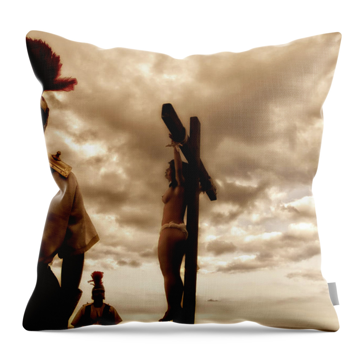 Crucifixion Throw Pillow featuring the photograph Crucifixion scene I by Ramon Martinez
