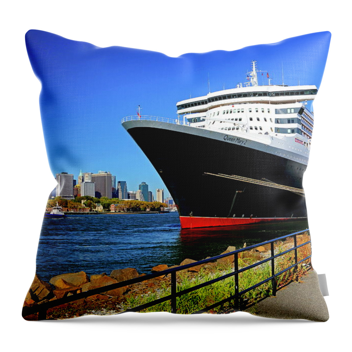 Estock Throw Pillow featuring the digital art Cruise Ship & Nyc Skyline by Gunter Grafenhain