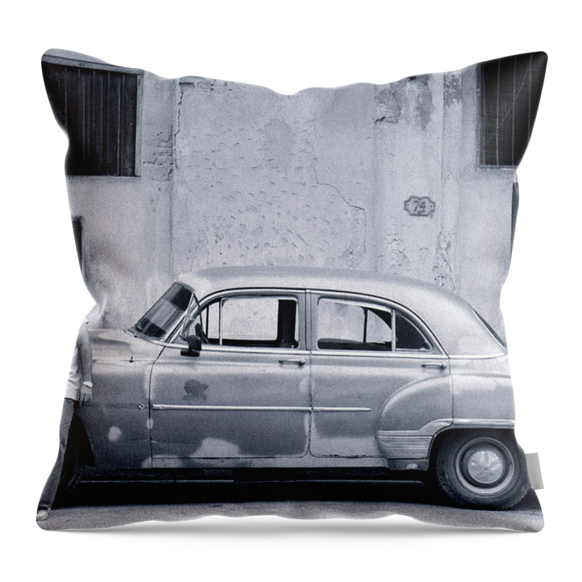 People Throw Pillow featuring the photograph Cuban Man Leaning Against Car Smoking by Peter Adams