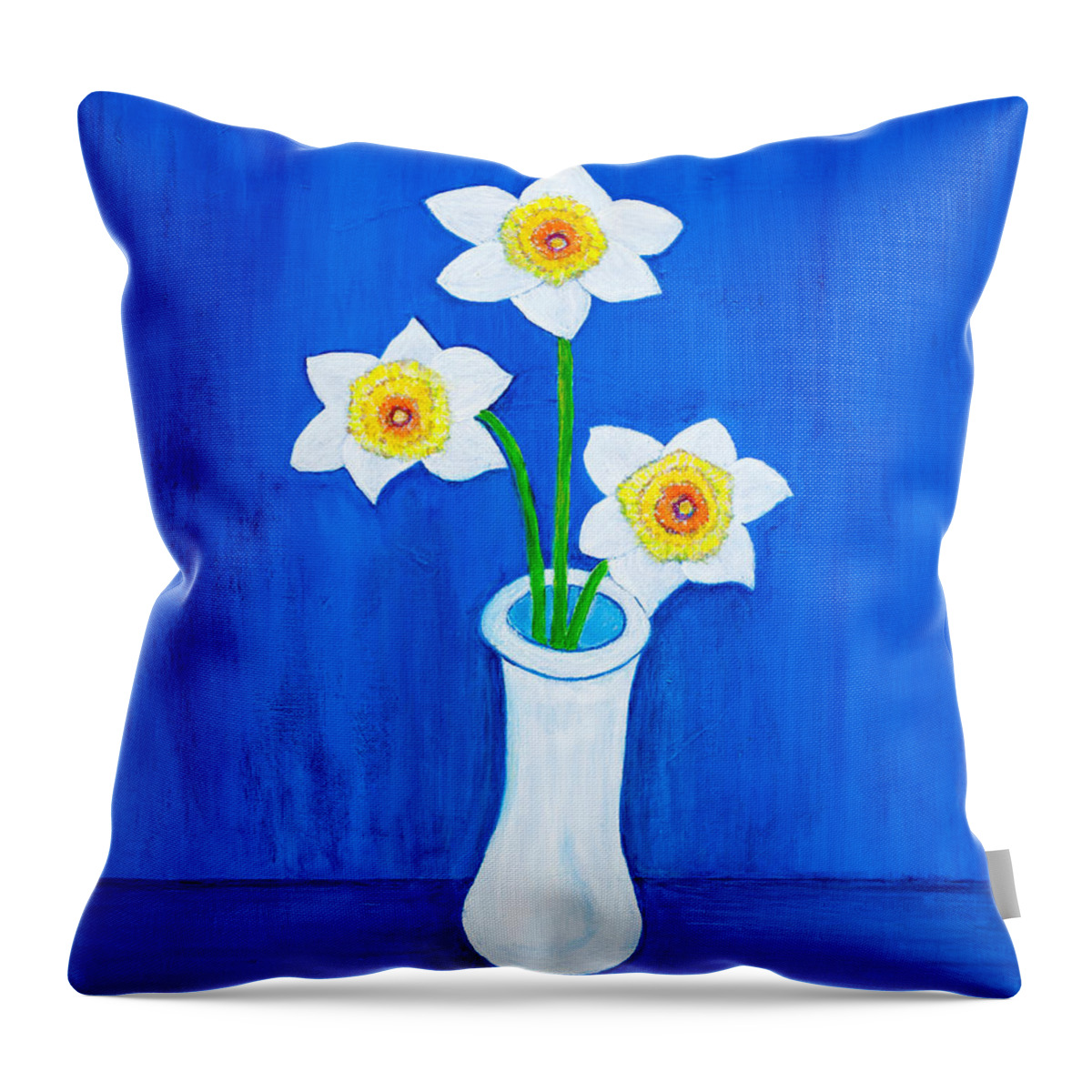 Daffodils Throw Pillow featuring the painting Daffodils on Blue by Santana Star