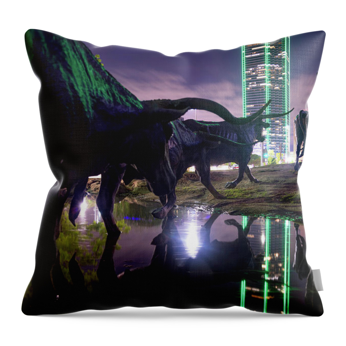 America Throw Pillow featuring the photograph Dallas Texas Longhorn Cattle Drive Sculptures and Skyline Reflections by Gregory Ballos