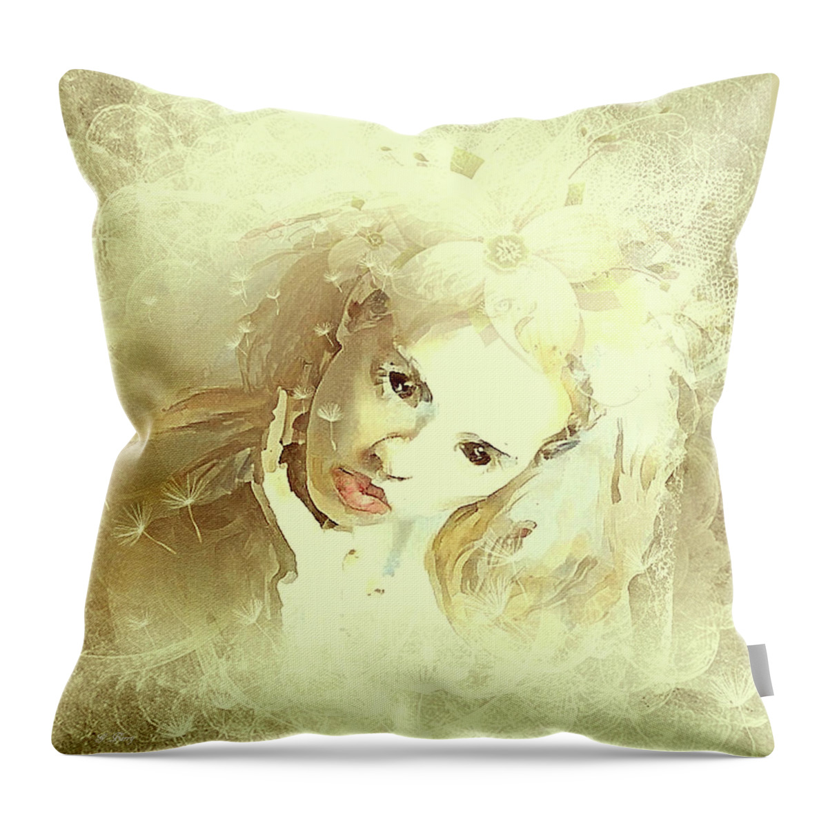Cream Throw Pillow featuring the mixed media Dandelion Kisses by Gayle Berry