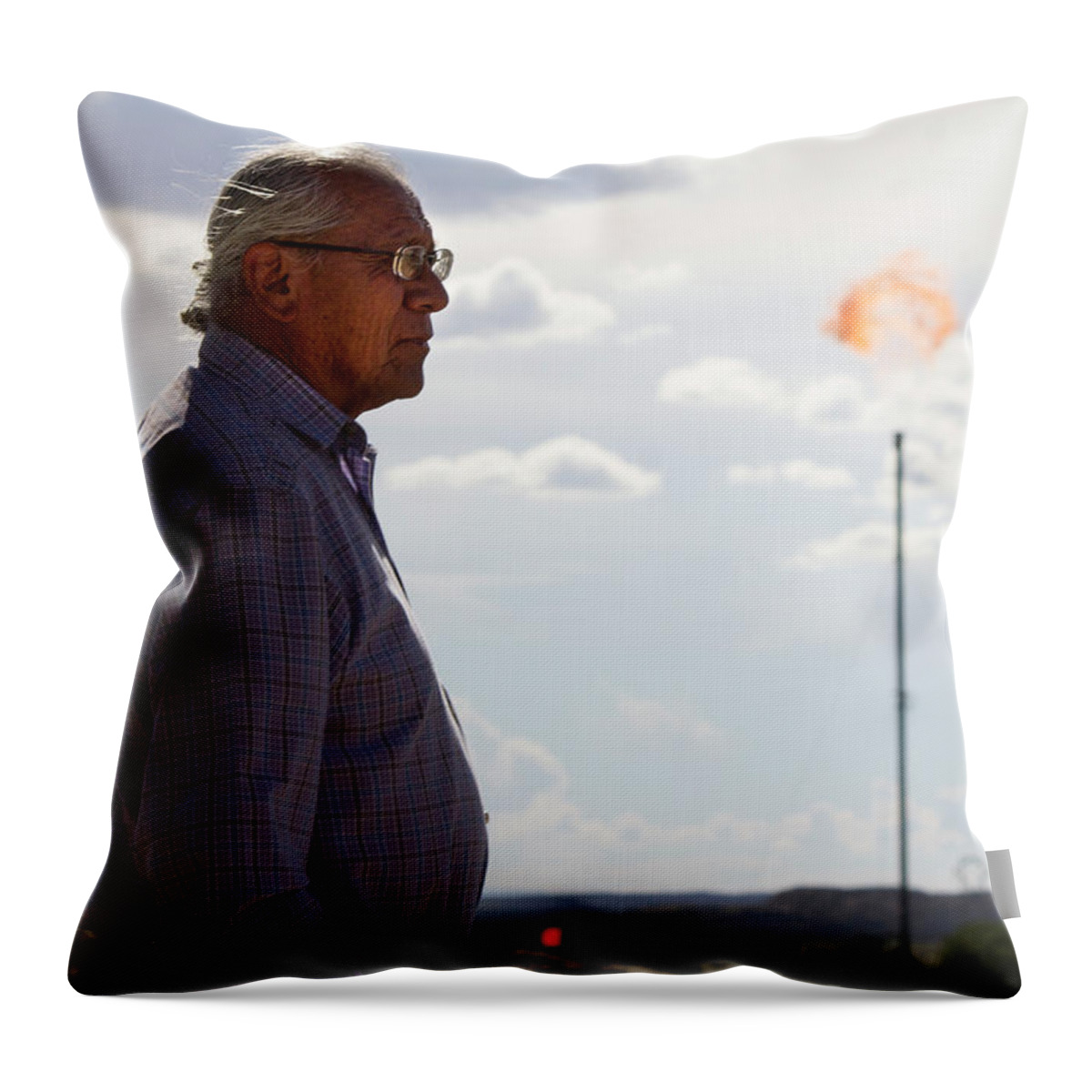 Oil Development Throw Pillow featuring the photograph Daniel and the Flare by Jonathan Thompson