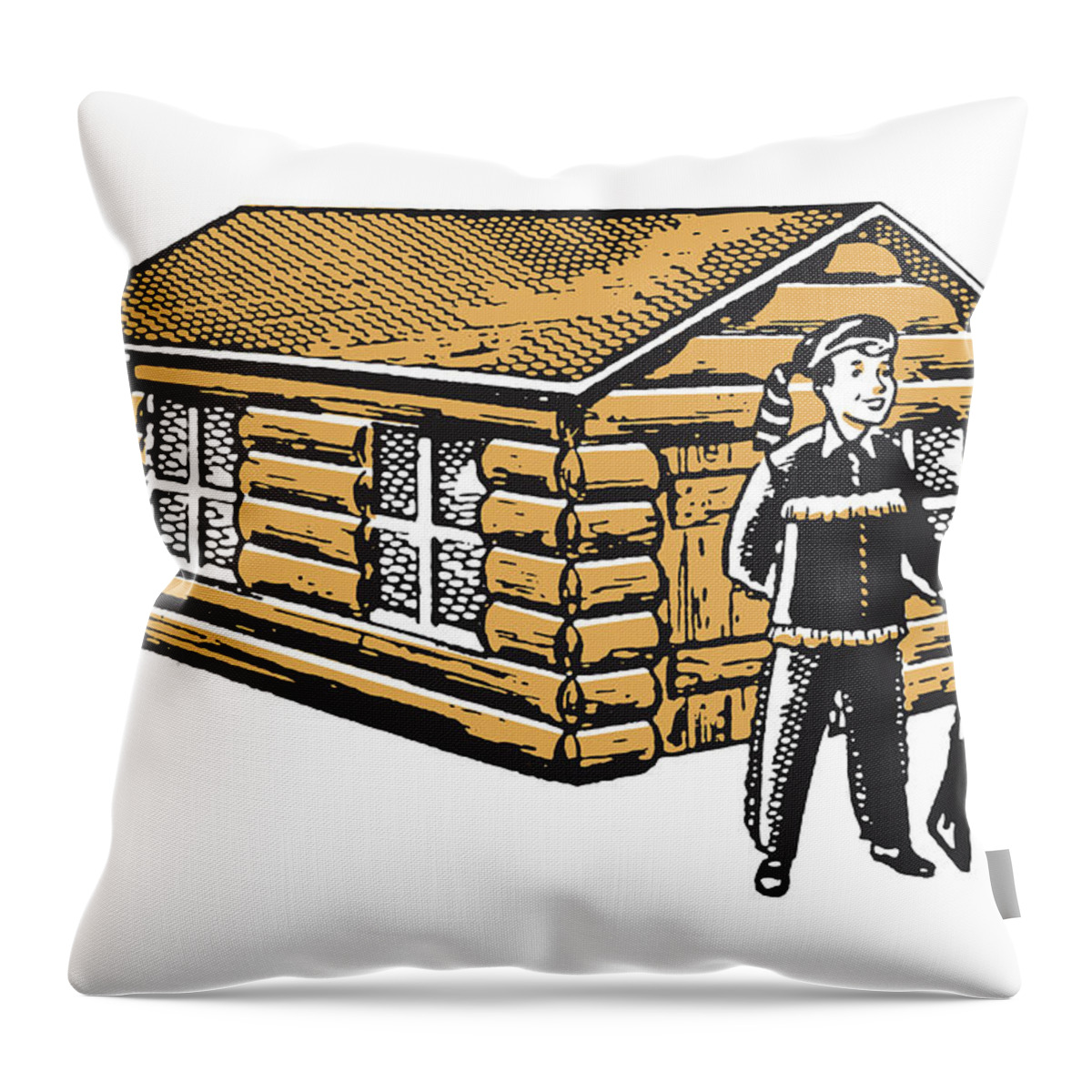 Accessories Throw Pillow featuring the drawing Daniel Boone in Front of Log Cabin by CSA Images