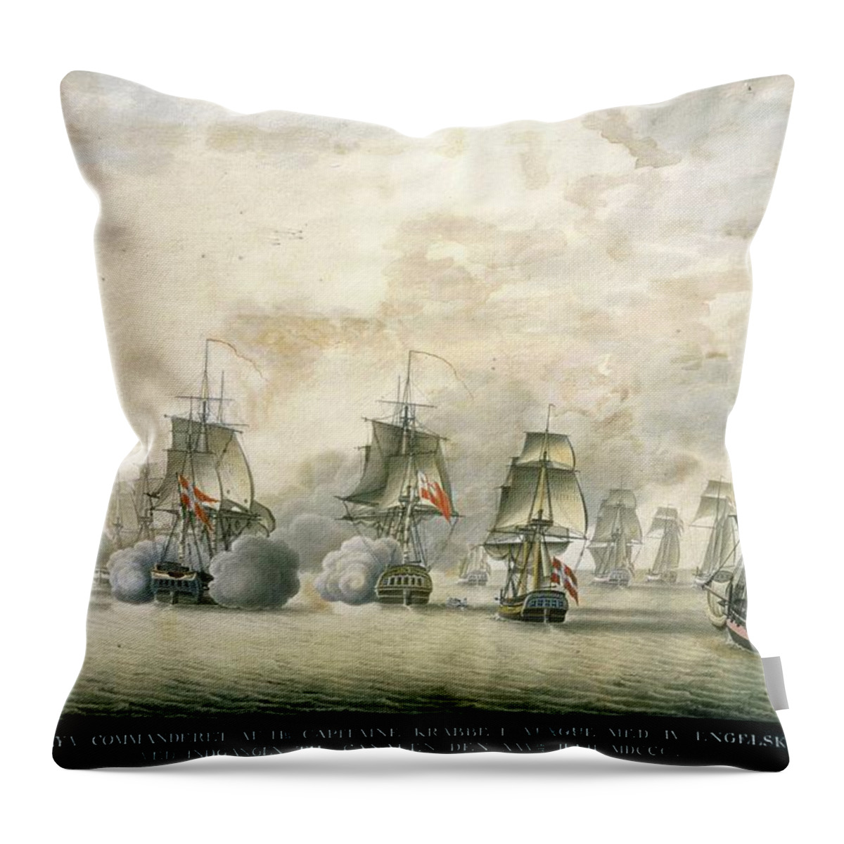 Barge Throw Pillow featuring the painting Danish Frigate Freya under Captain Krabbe attacks English ships 25.7.1800. by Album