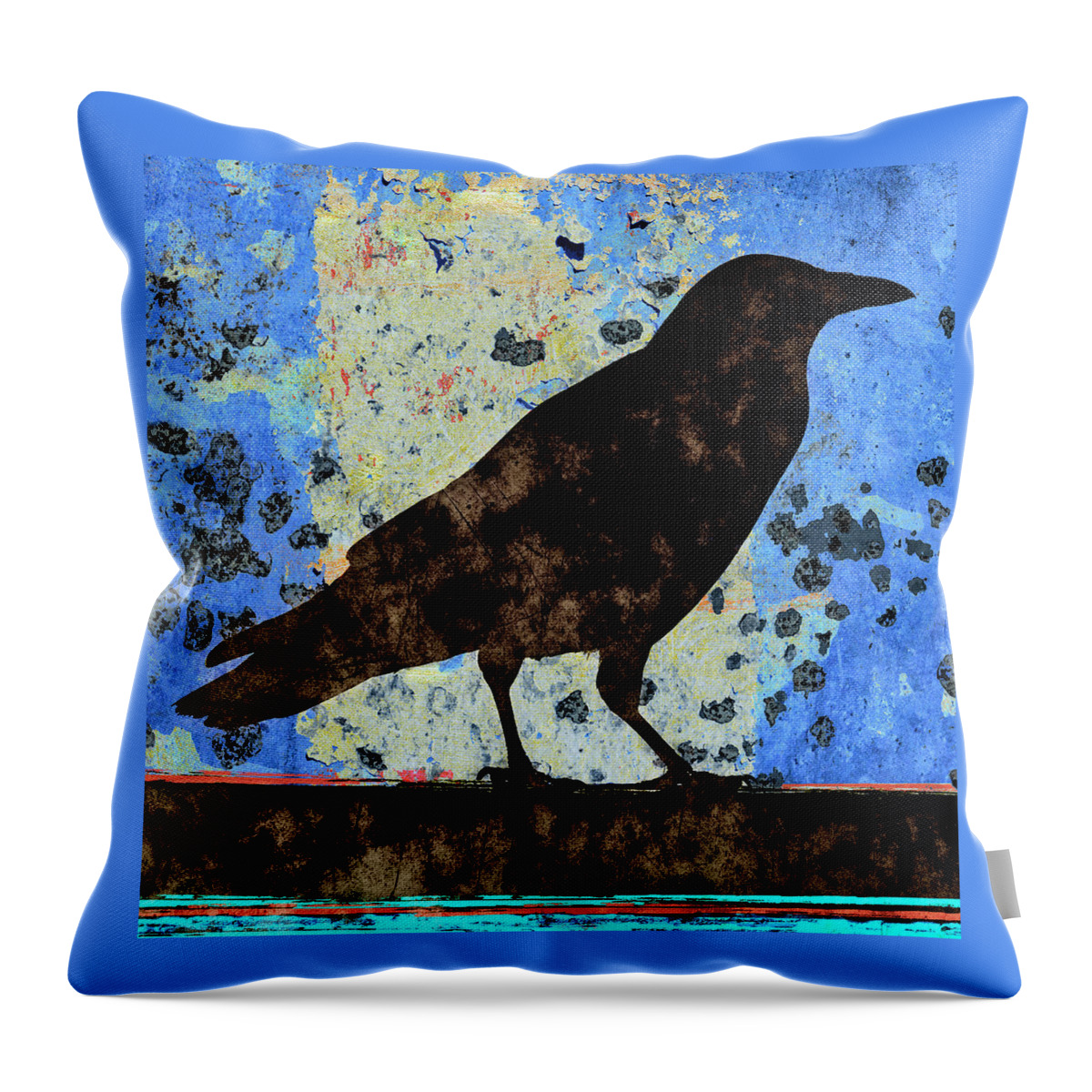 Crow Throw Pillow featuring the mixed media Dappled Crow on Blue by Carol Leigh