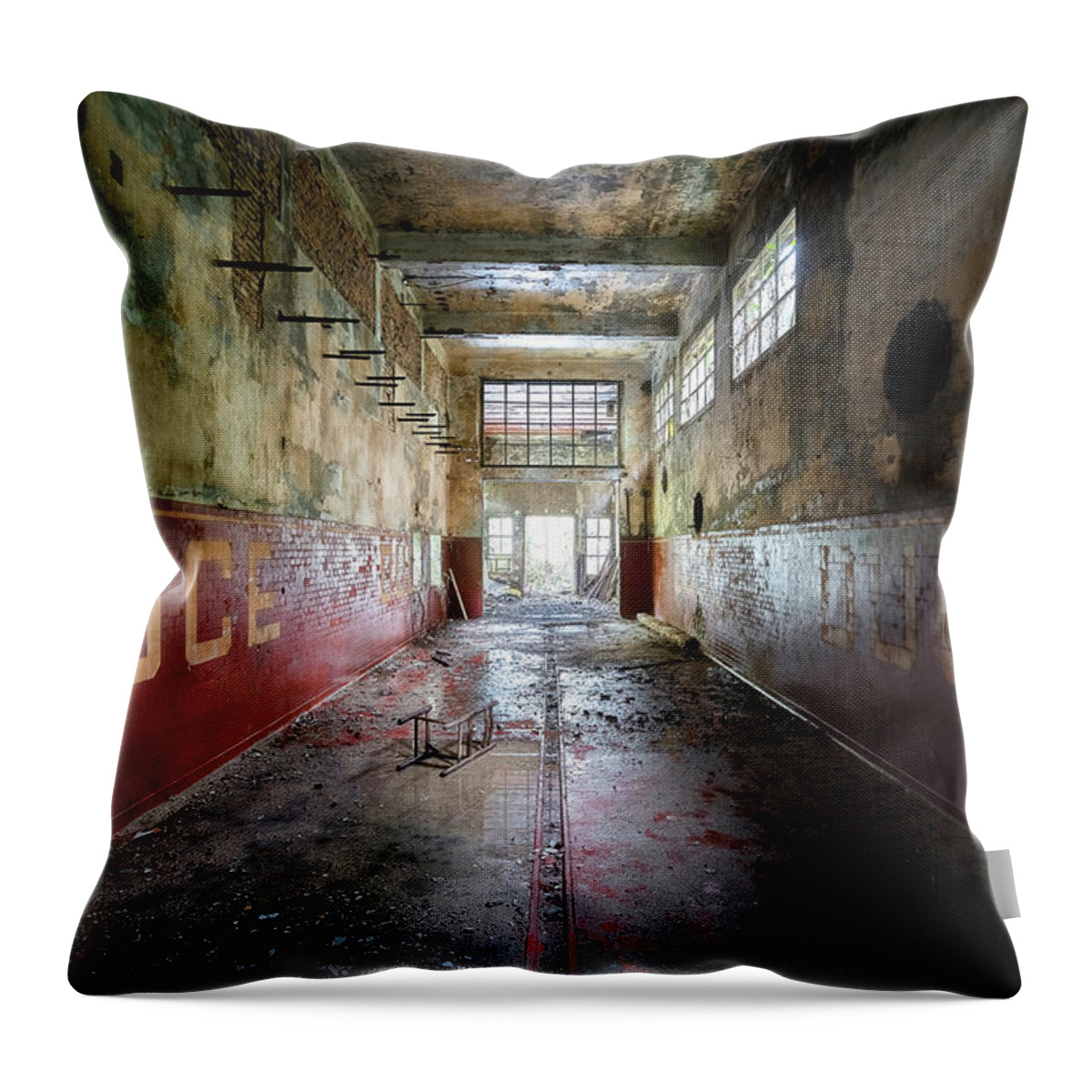 Urban Throw Pillow featuring the photograph Dark and Abandoned Hallway by Roman Robroek