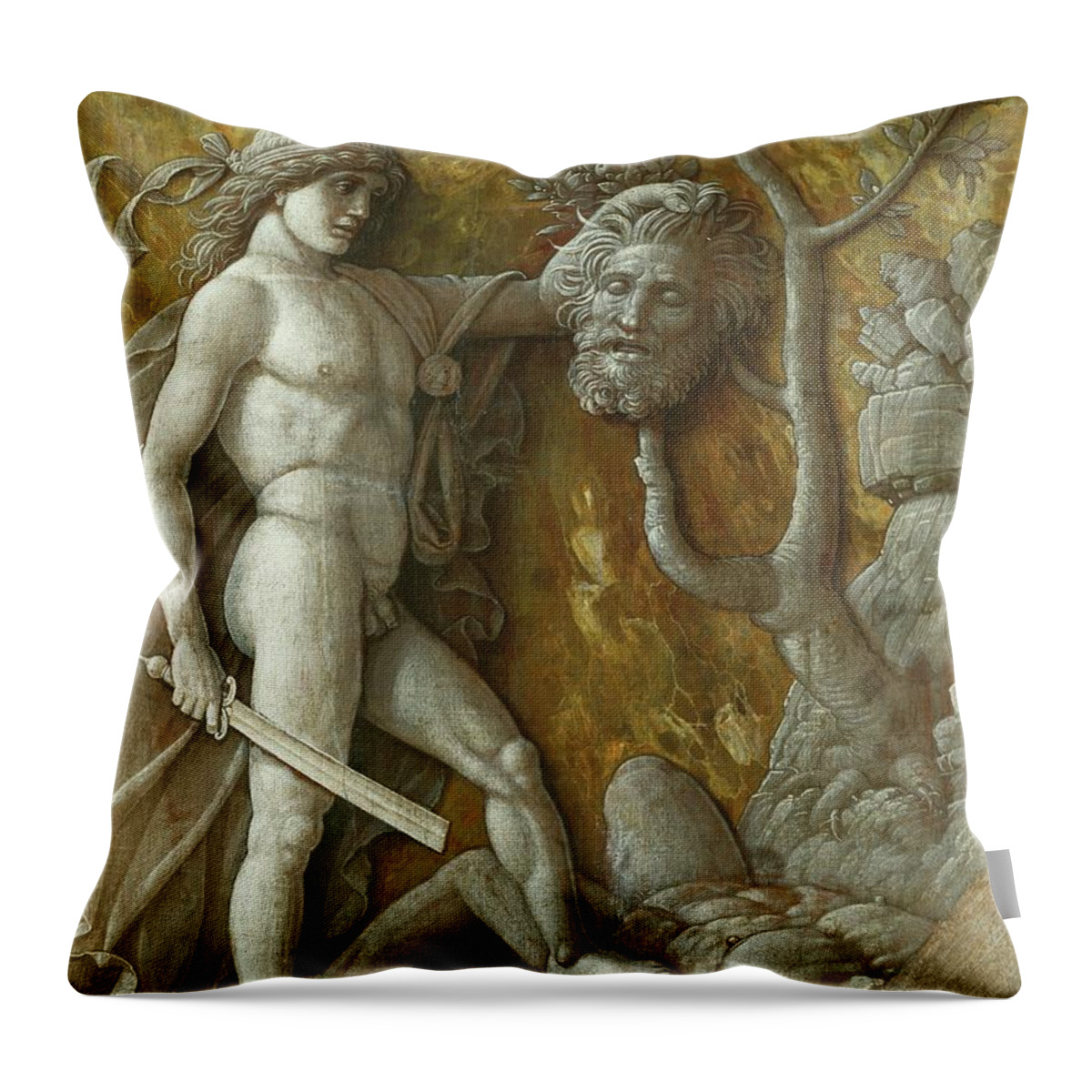 Andrea Mantegna Throw Pillow featuring the painting David and Goliath. Monochrome workshop painting Imitation of a relief -around 1490- 8.5 x 36 cm. by Andrea Mantegna -1431-1506-