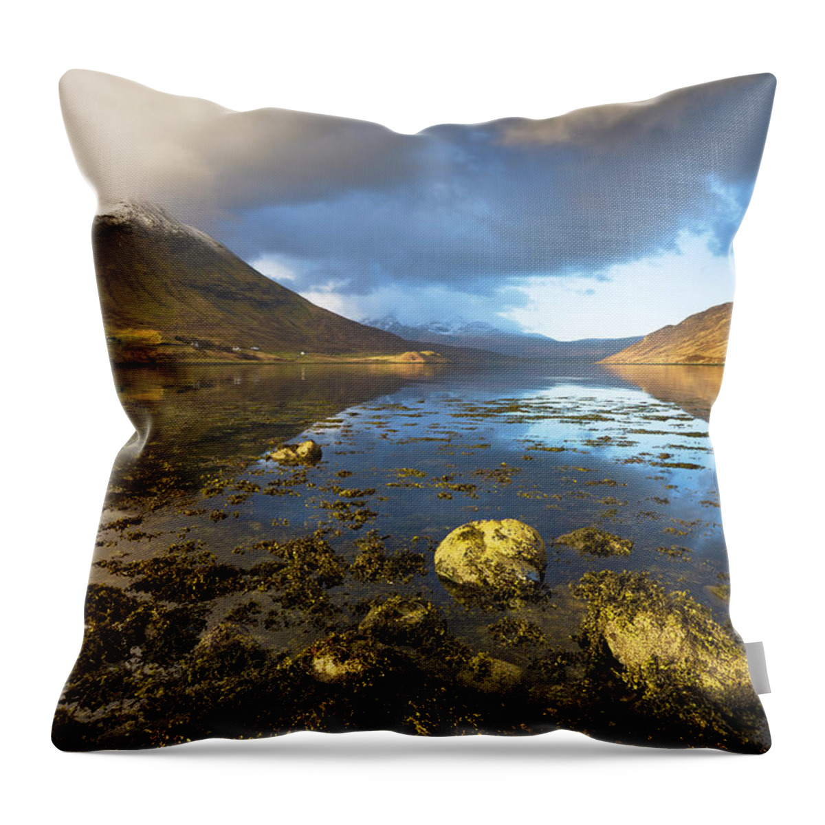 Tranquility Throw Pillow featuring the photograph Dawn Light Over Lochs And Snow Capped by Simon Butterworth