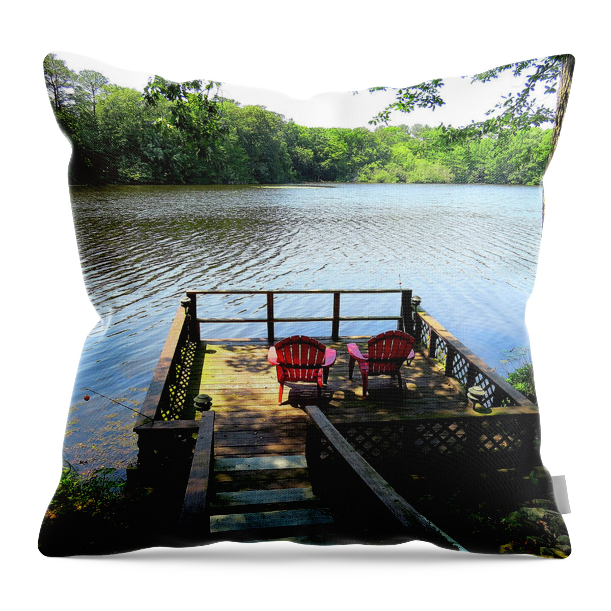 Deck Throw Pillow featuring the photograph Deck with Red Chairs and Fishing Poles on a Delaware Lake by Linda Stern