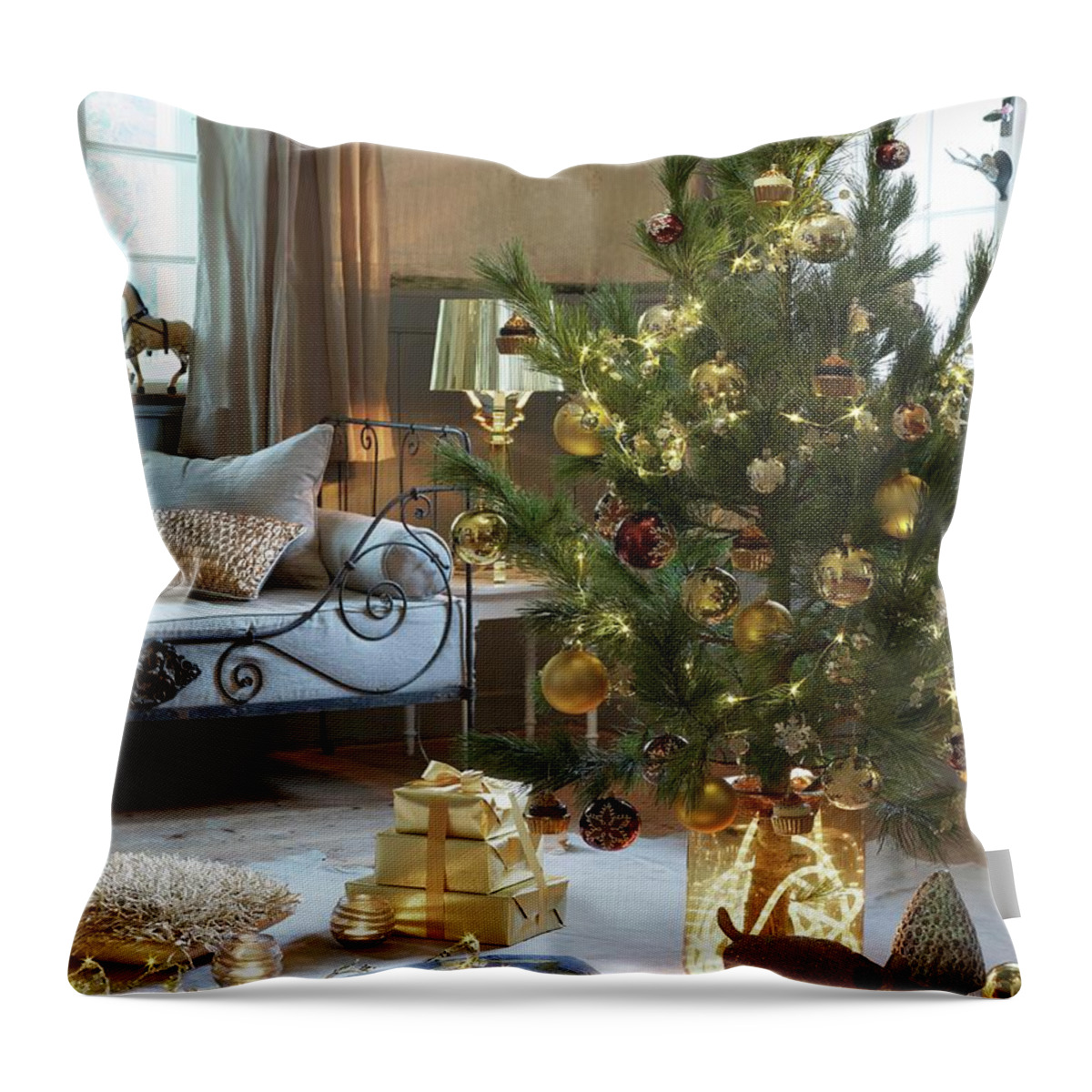 Ip_11172736 Throw Pillow featuring the photograph Decorated Christmas Tree And Presents On Floor In Front Of Bench With Metal Frame In Rustic Living Room by Matteo Manduzio