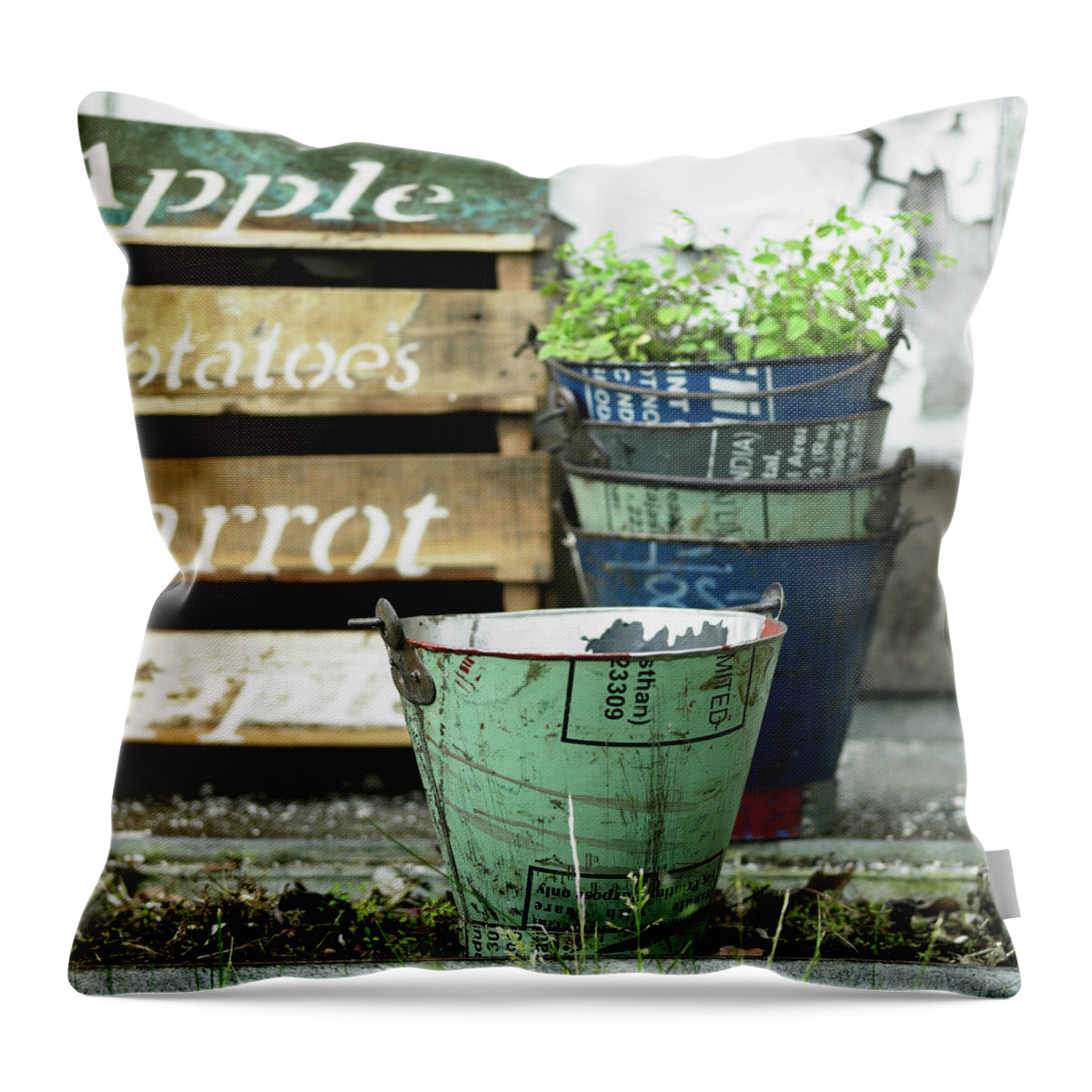 Copenhagen Throw Pillow featuring the photograph Decorative Pails In Garden by Lisbeth Hjort