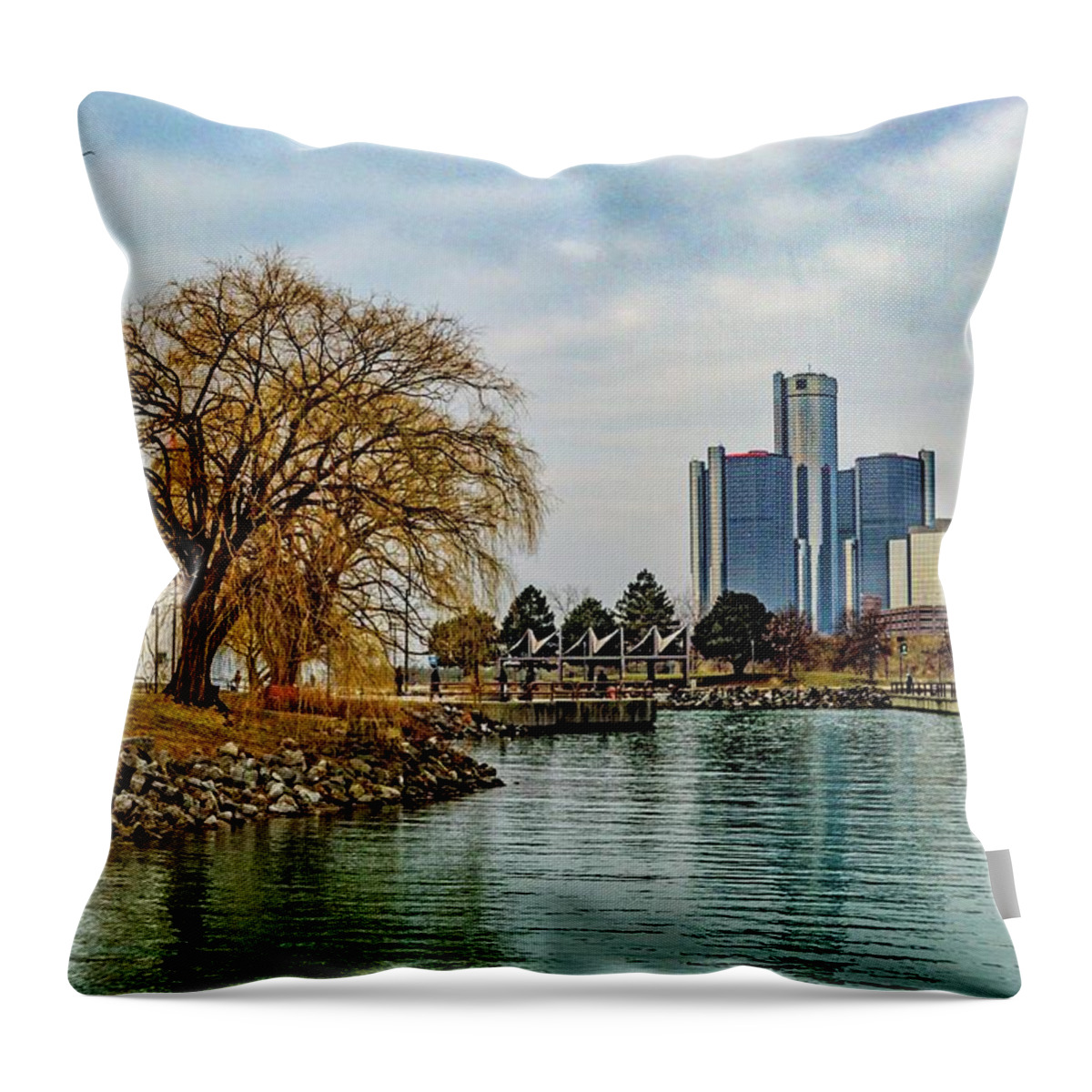 Detroit Throw Pillow featuring the photograph Detroit Skyline and Riverwalk DSC_0076 by Michael Thomas