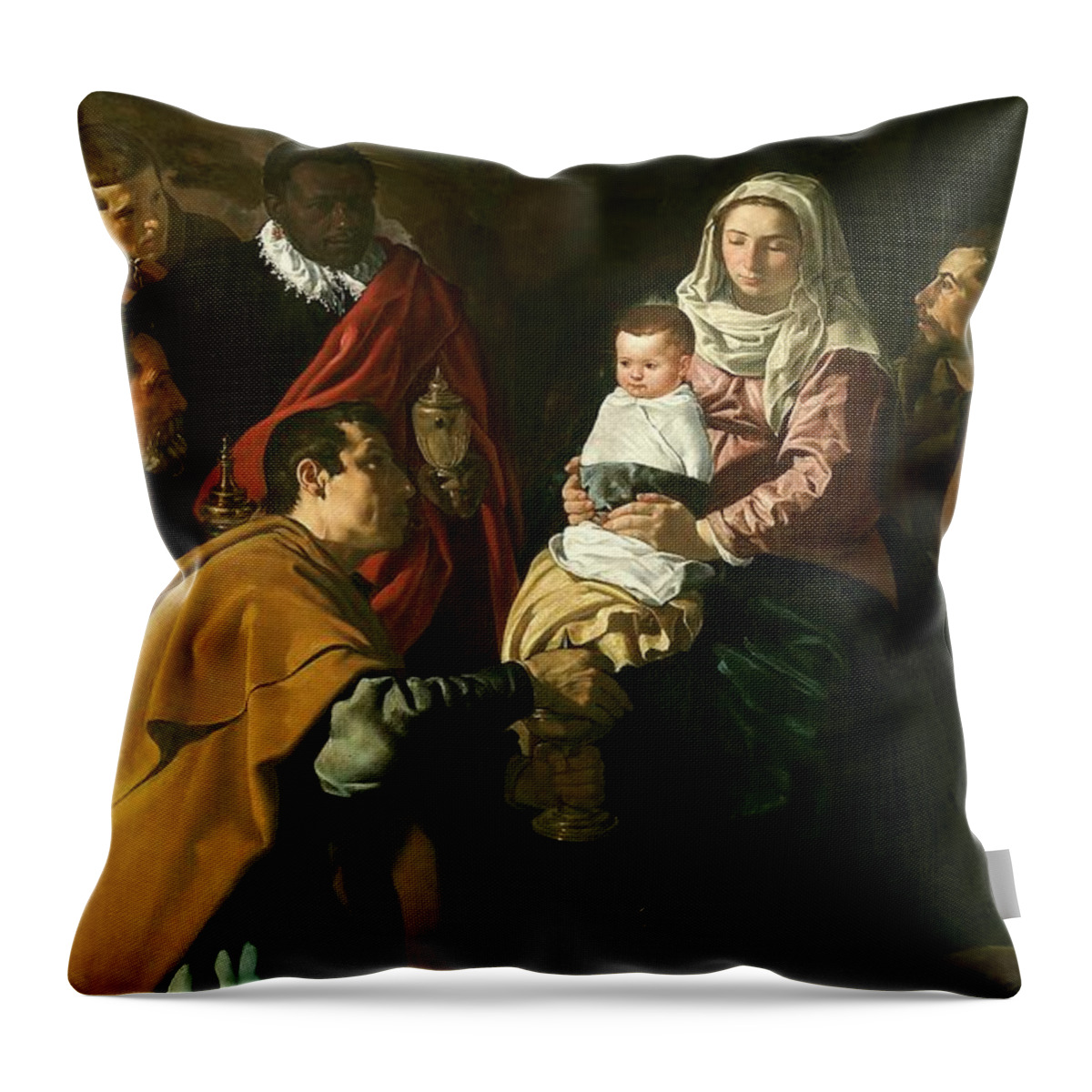 Adoration Of The Magi Throw Pillow featuring the painting Diego Rodriguez de Silva y Velazquez / 'Adoration of the Magi', 1619, Spanish School. SAINT JOSEPH. by Diego Velazquez -1599-1660-