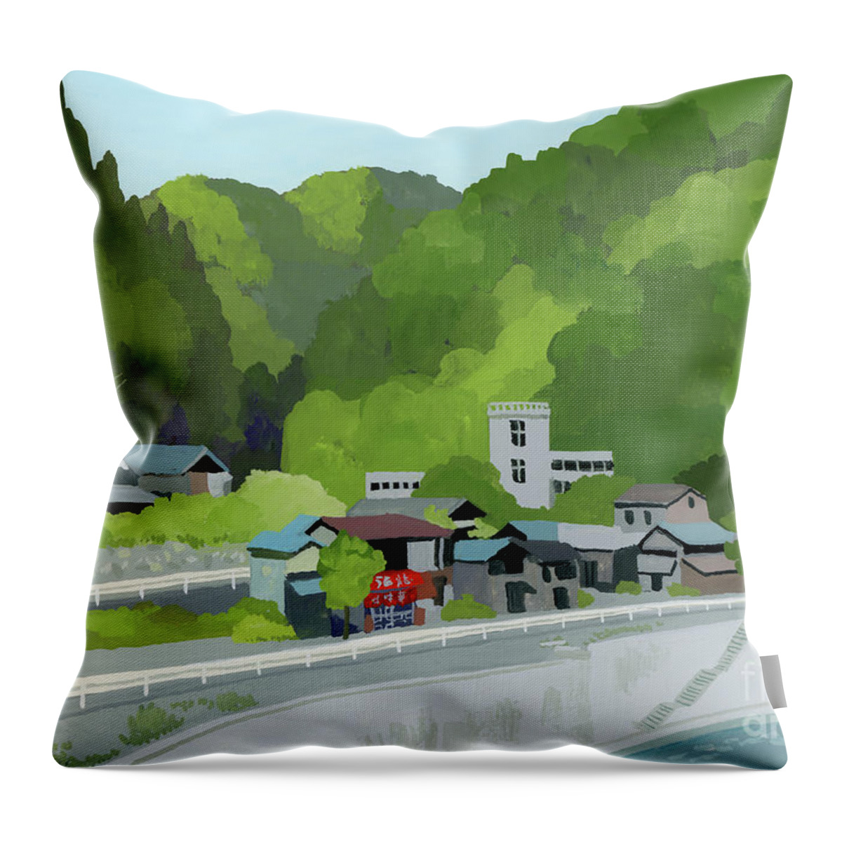 Dining Room In The Mountain Village Throw Pillow featuring the painting Dining Room In The Mountain Village by Hiroyuki Izutsu