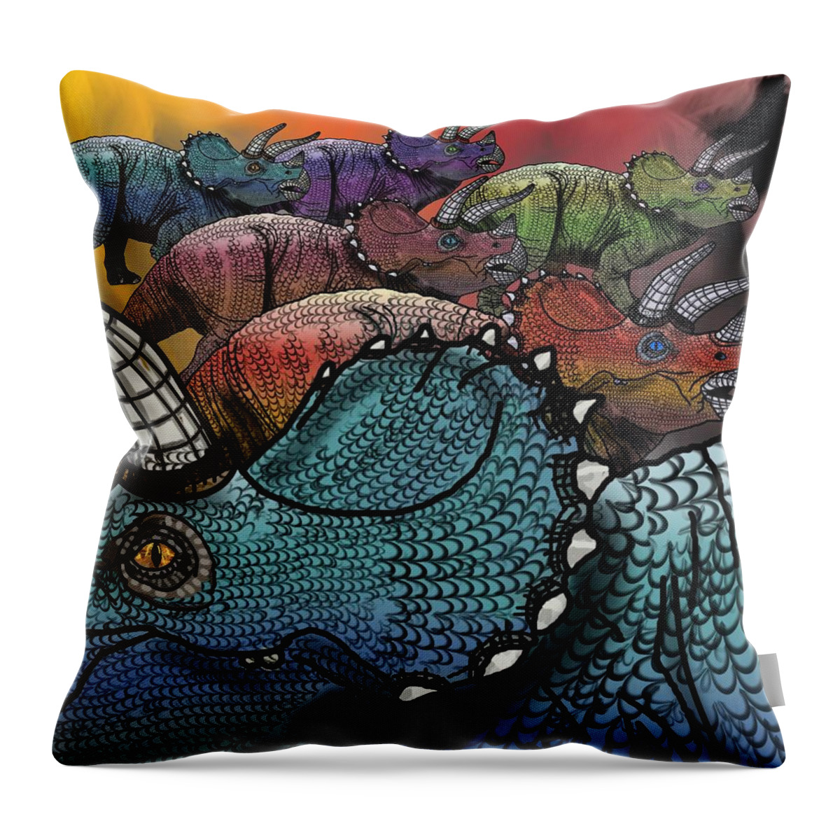 Dinosaur Throw Pillow featuring the drawing Dinosaur Triceratops Herd by Joan Stratton