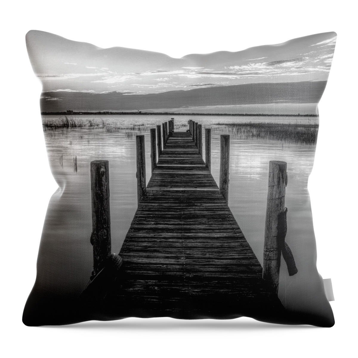 Clouds Throw Pillow featuring the photograph Dock at Sunset in Black and White by Debra and Dave Vanderlaan