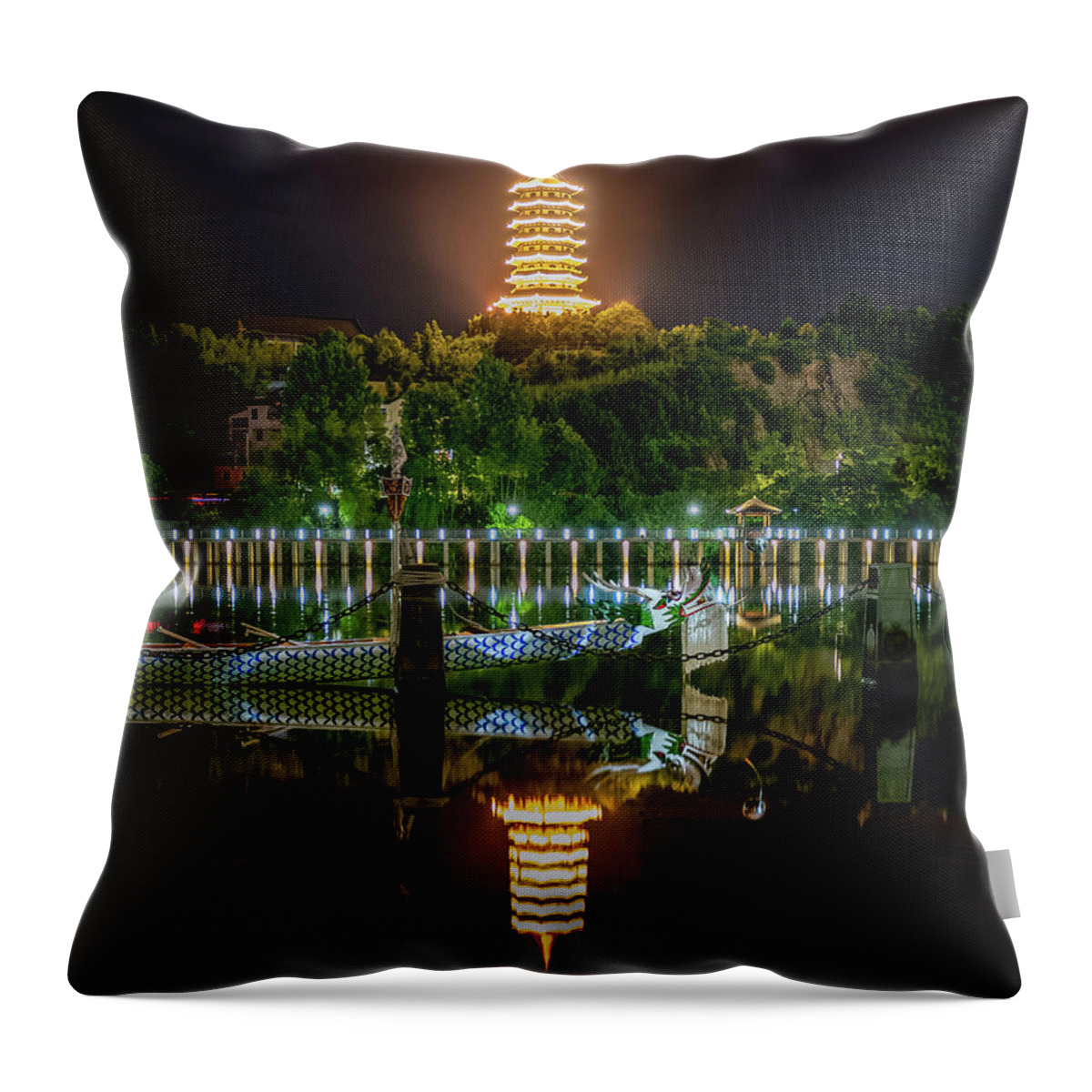 Dragon Throw Pillow featuring the photograph Docked Dragon Boat at Night III by William Dickman