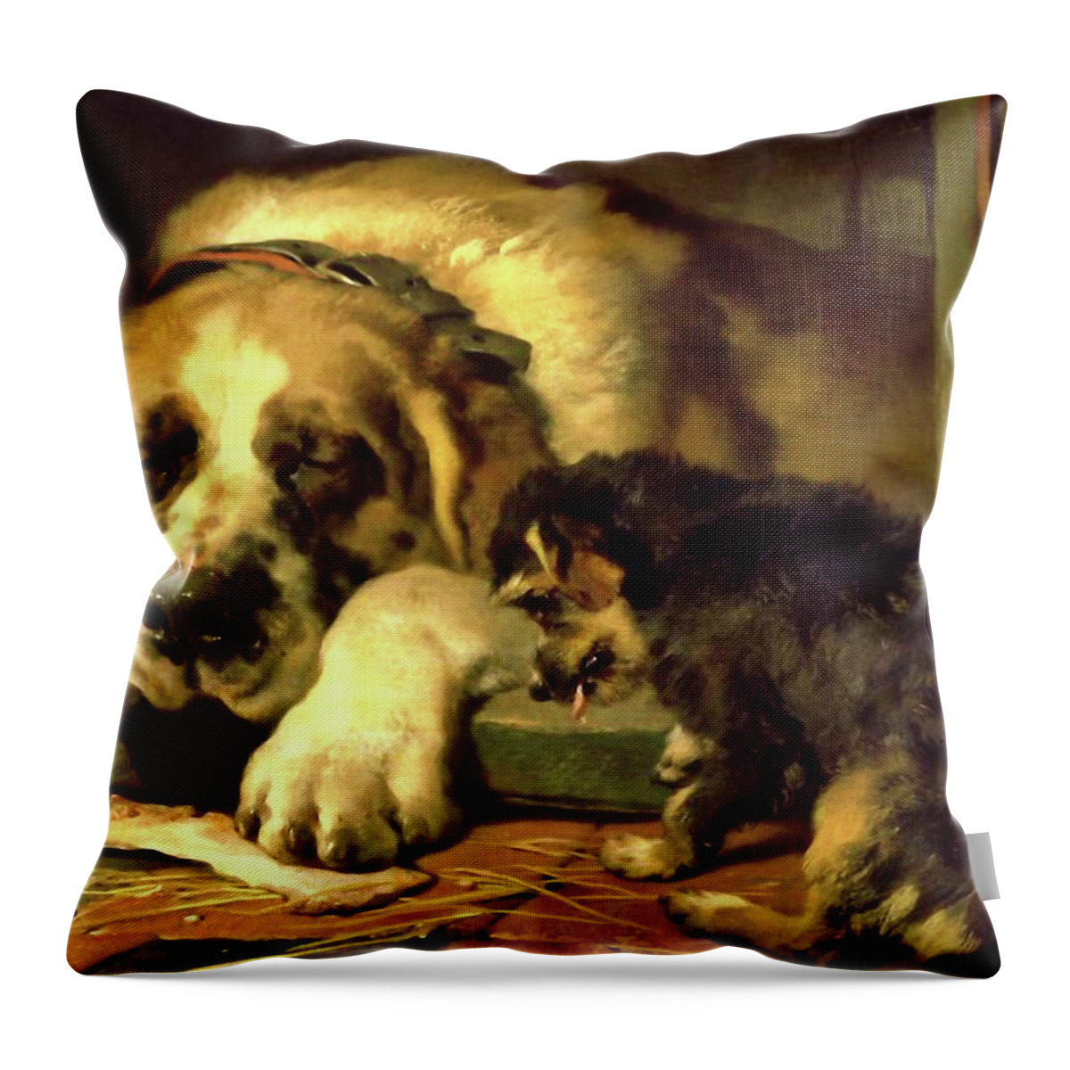 Grooming Throw Pillow featuring the mixed media Dogs - Doubtful Crumbs by Edwin Landseer