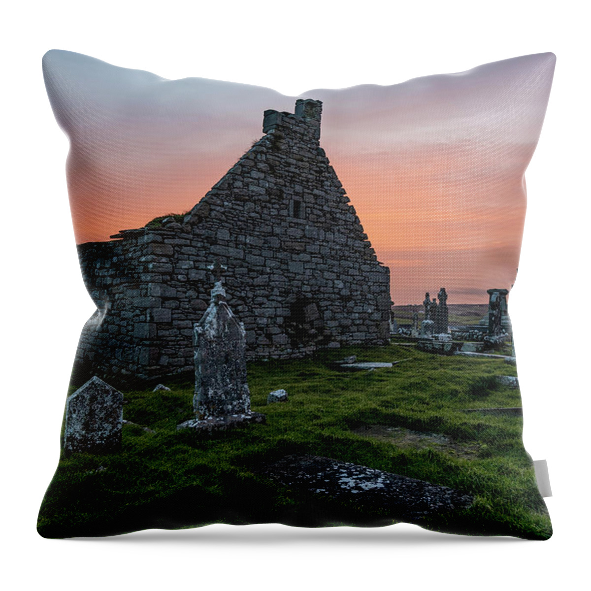 Canon Travel Photography Throw Pillow featuring the photograph Doolin Ireland Graveyard at Sunrise by John McGraw
