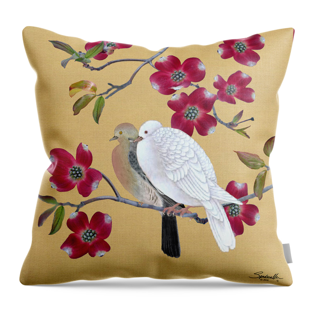 Doves Throw Pillow featuring the digital art Doves In Red Dogwood Tree by M Spadecaller