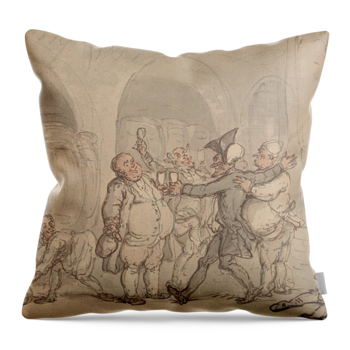 19th Century Art Throw Pillow featuring the drawing Dr. Syntax Made Free of the Cellar by Thomas Rowlandson