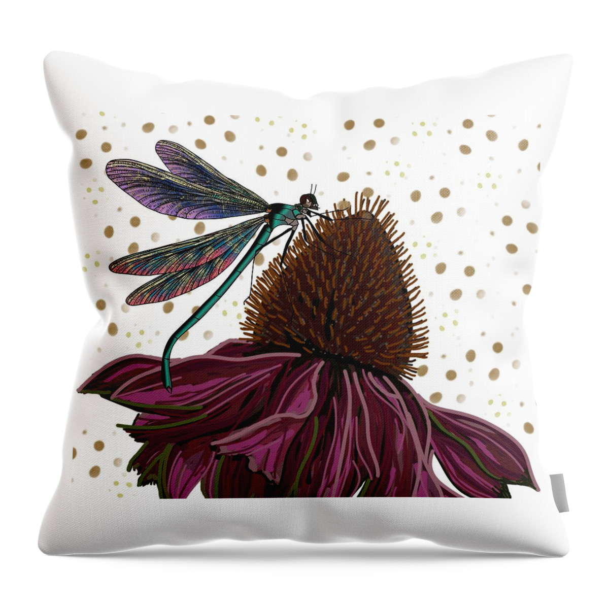 Echinacea Flower. Dragon Fly Throw Pillow featuring the drawing Dragon fly and Echinacea Flower by Joan Stratton