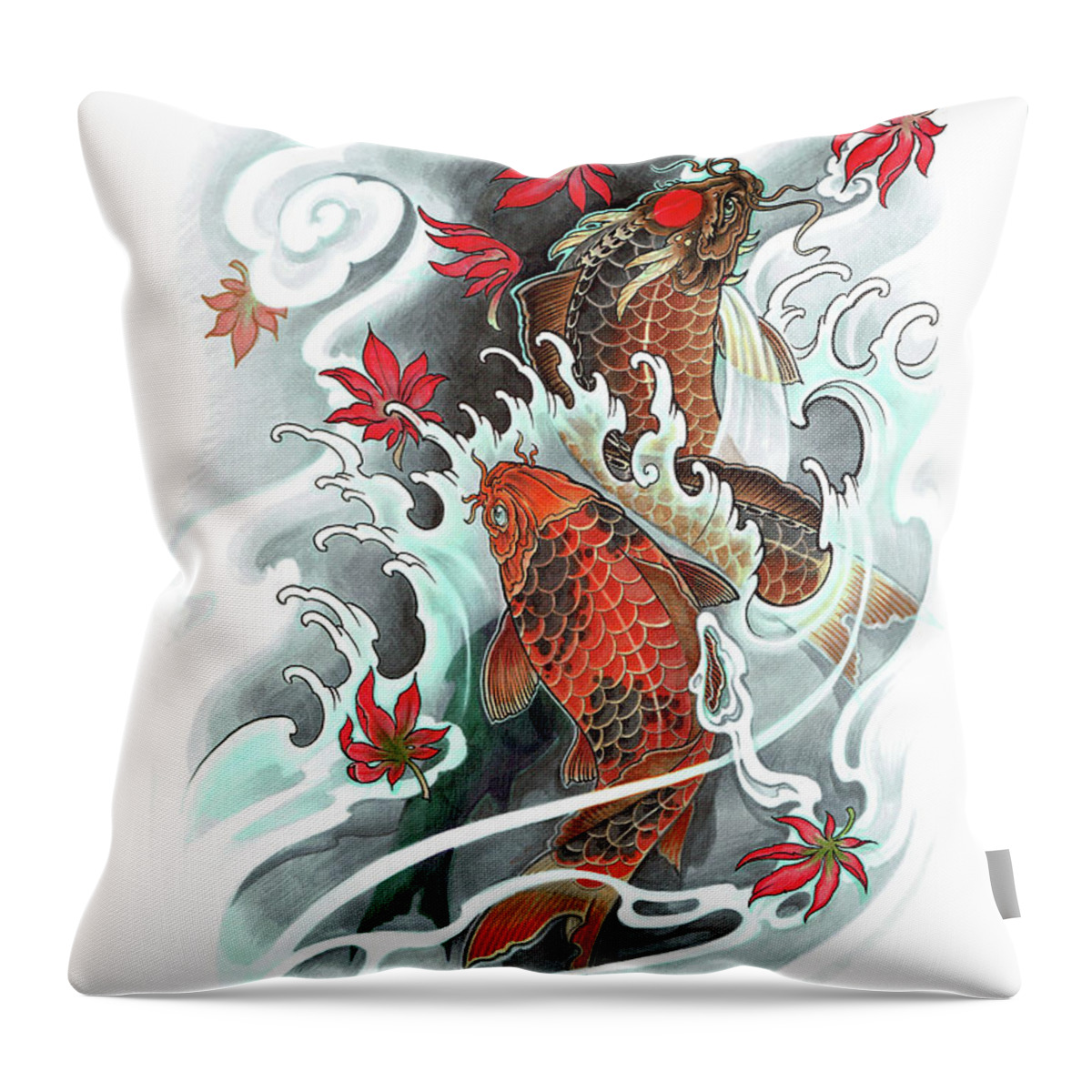 Copic Throw Pillow featuring the drawing Dragon koi by Gemma Stylz