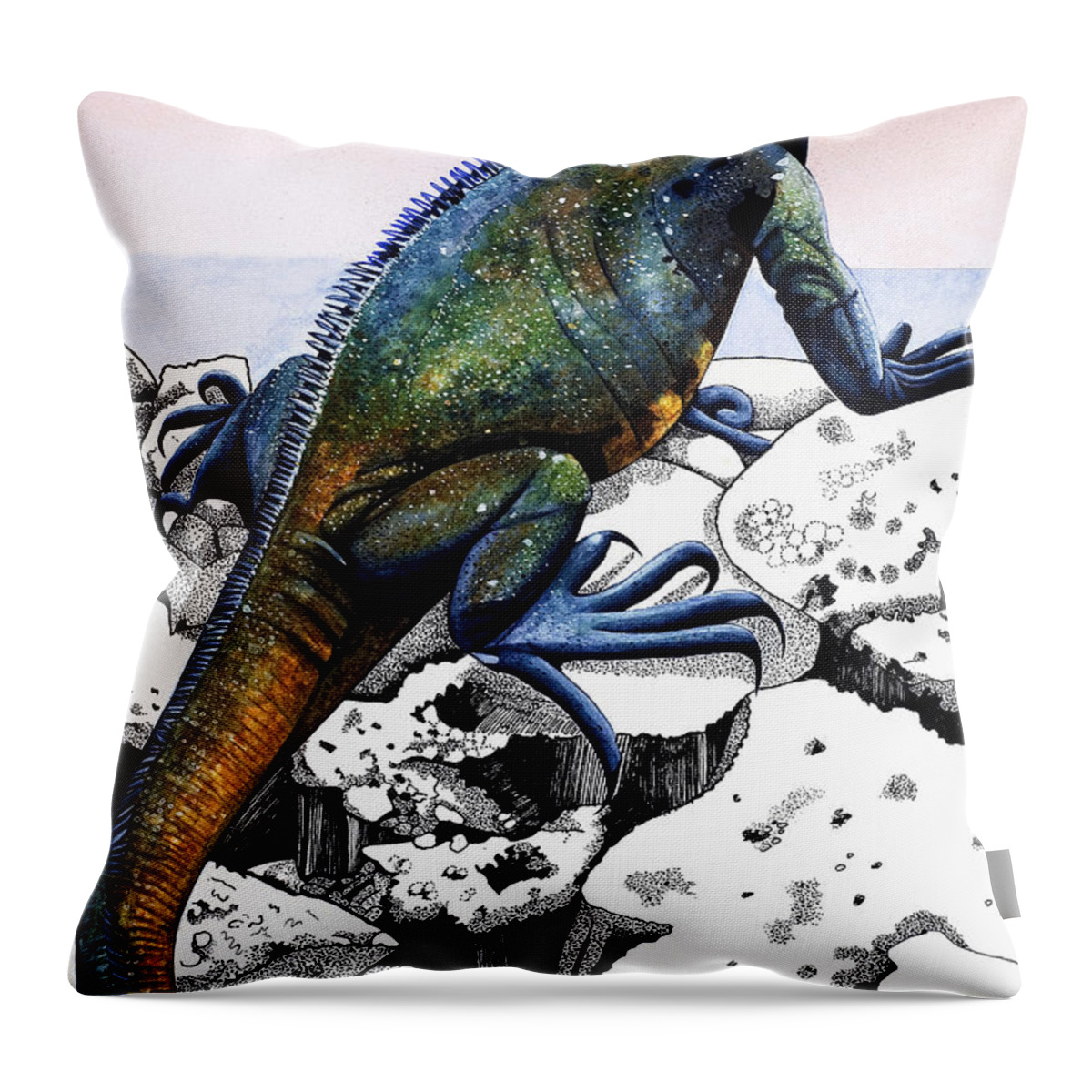 Marine Iguana Throw Pillow featuring the painting Dragons Of The Enchanted Isles by Susan Cartwright