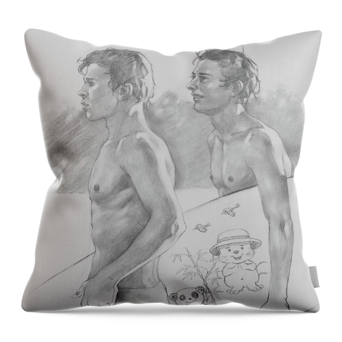 Drawing Throw Pillow featuring the drawing Drawing- Men in seaside#19910 by Hongtao Huang