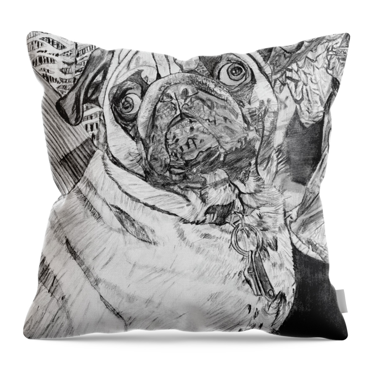 Pug Throw Pillow featuring the drawing Drawing of Bandit by David Martin