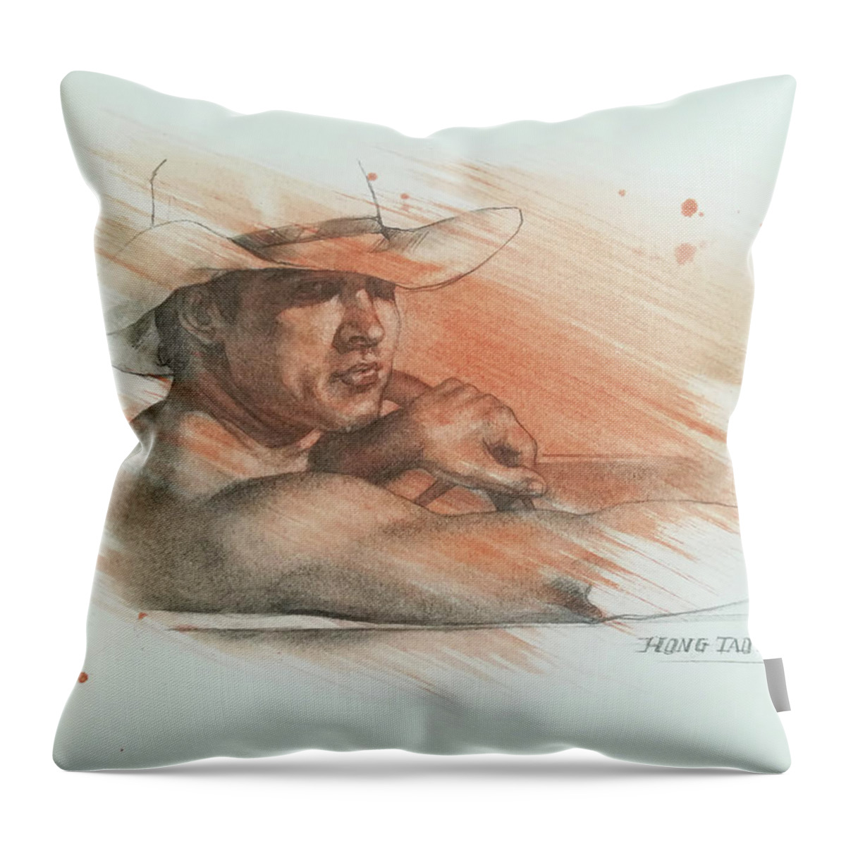 Portrait Throw Pillow featuring the drawing Drawing portrait of cowboy #1913 by Hongtao Huang
