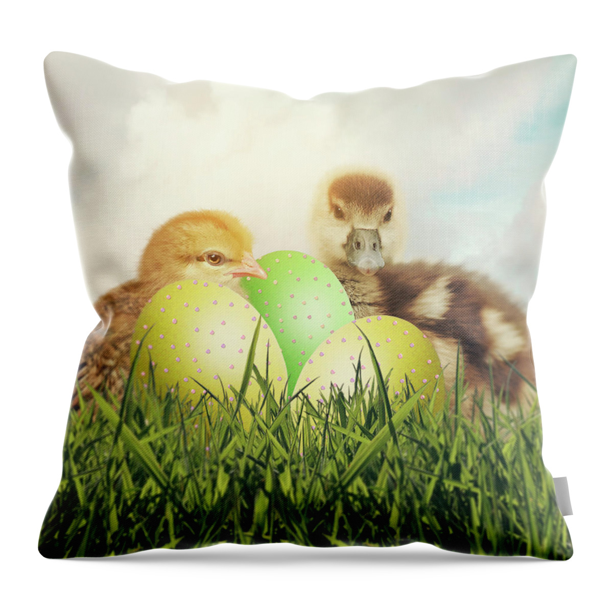 Easter Throw Pillow featuring the photograph Easter Chick And Duckling With Easter Eggs On A Bed Of Grass by Ethiriel Photography