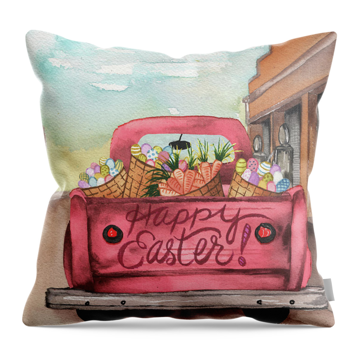 Easter Throw Pillow featuring the mixed media Easter Truck I by Elizabeth Medley